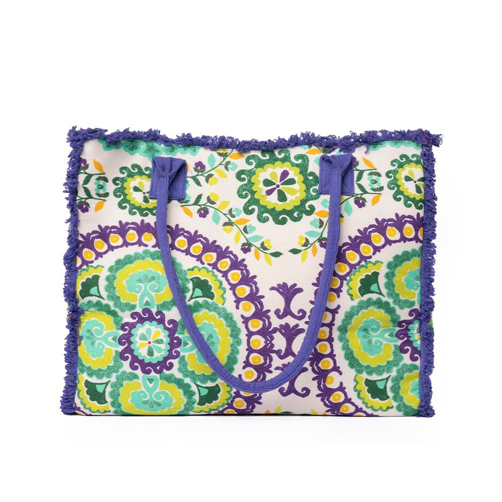 Borsa mare in cotone con stampa a fiori viola e verde - Mya Accessories