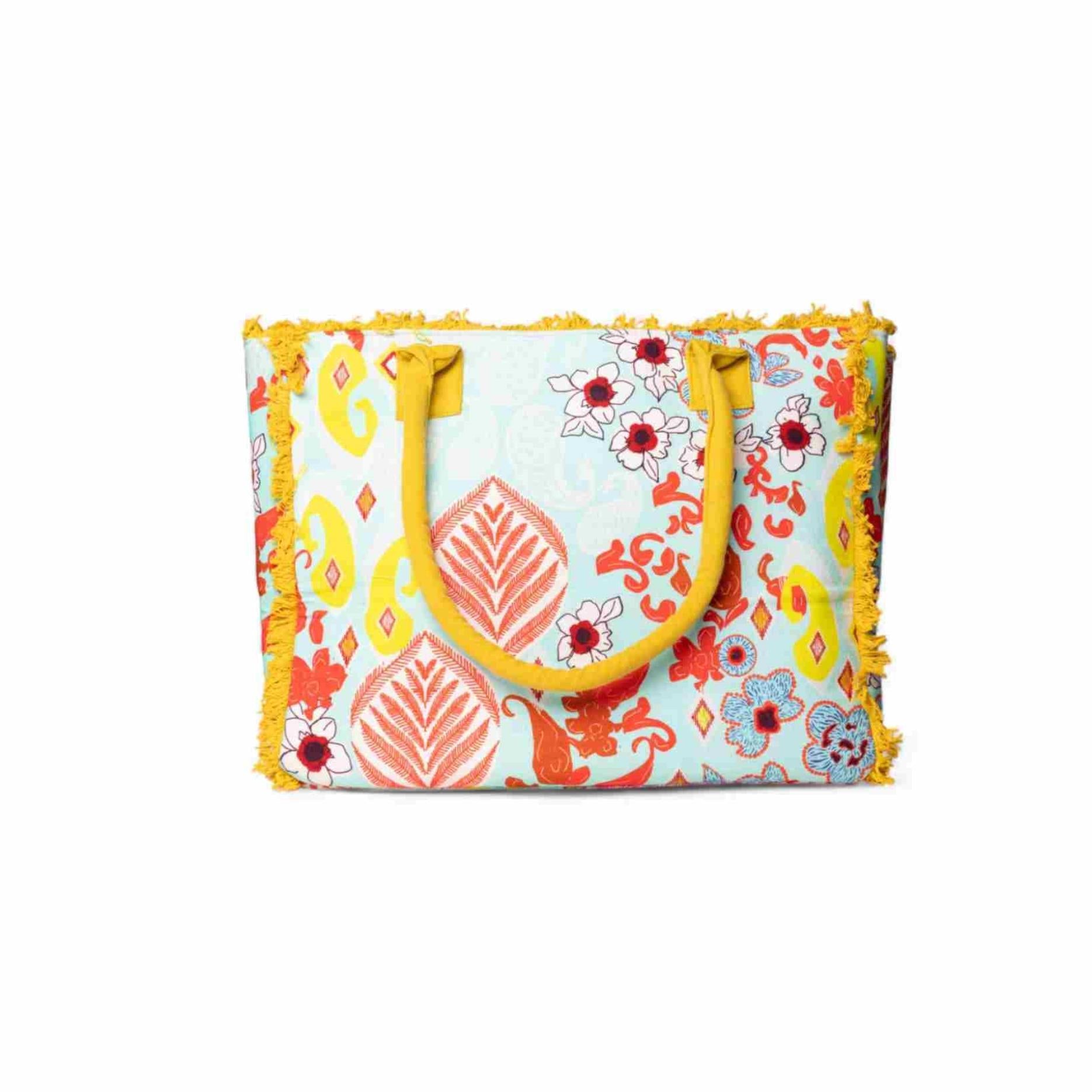 Borsa mare in cotone con stampa astratta a fiori gialla e celeste - Mya Accessories