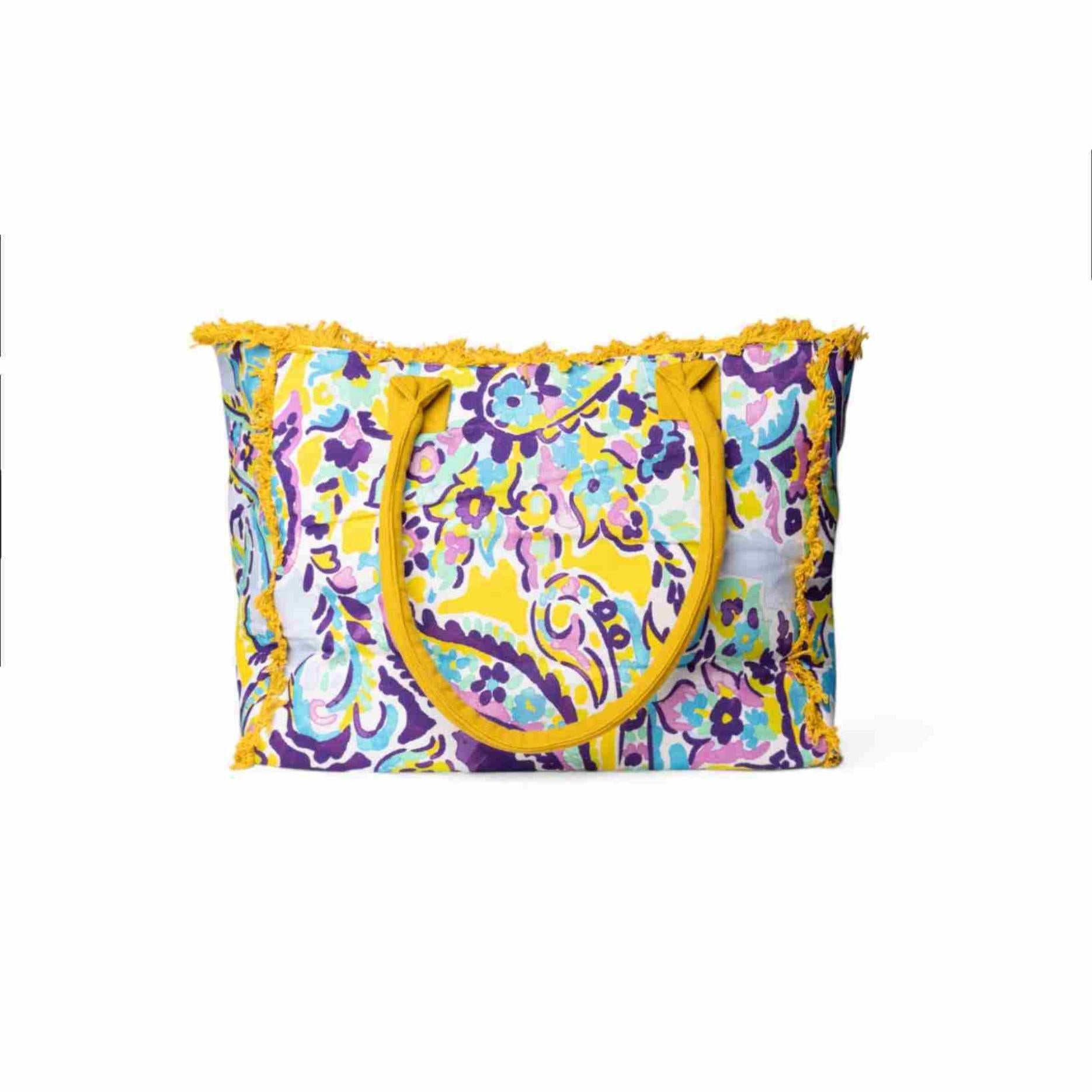 Borsa mare in cotone con stampa floreale viola e gialla - Mya Accessories
