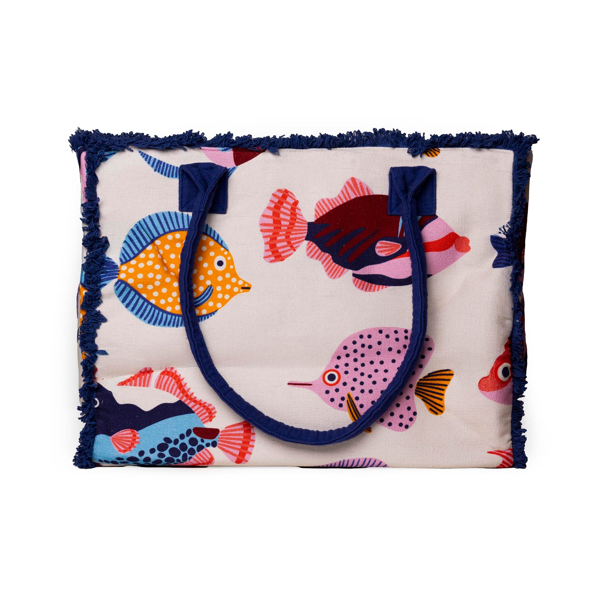 Borsa mare in cotone con fondo bianco e stampa a pesciolini multicolore - Mya Accessories