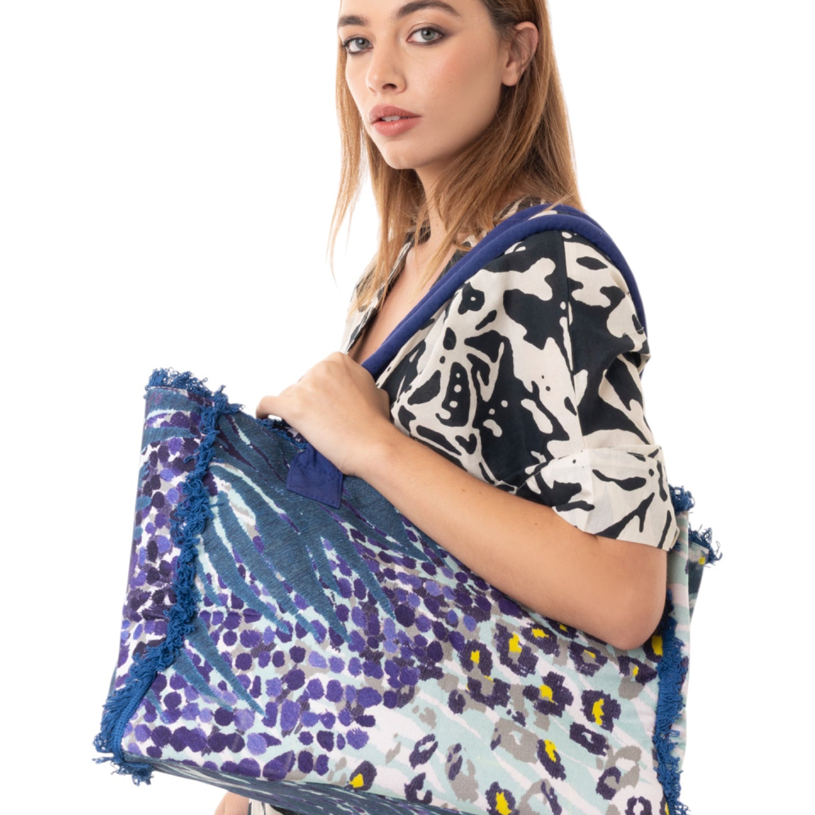 Borsa mare in cotone con stampa animalier blu e viola - Mya Accessories