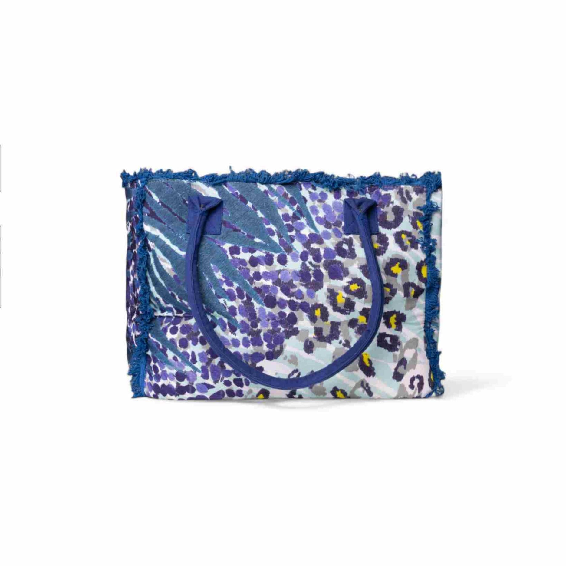 Borsa mare in cotone con stampa animalier blu e viola - Mya Accessories