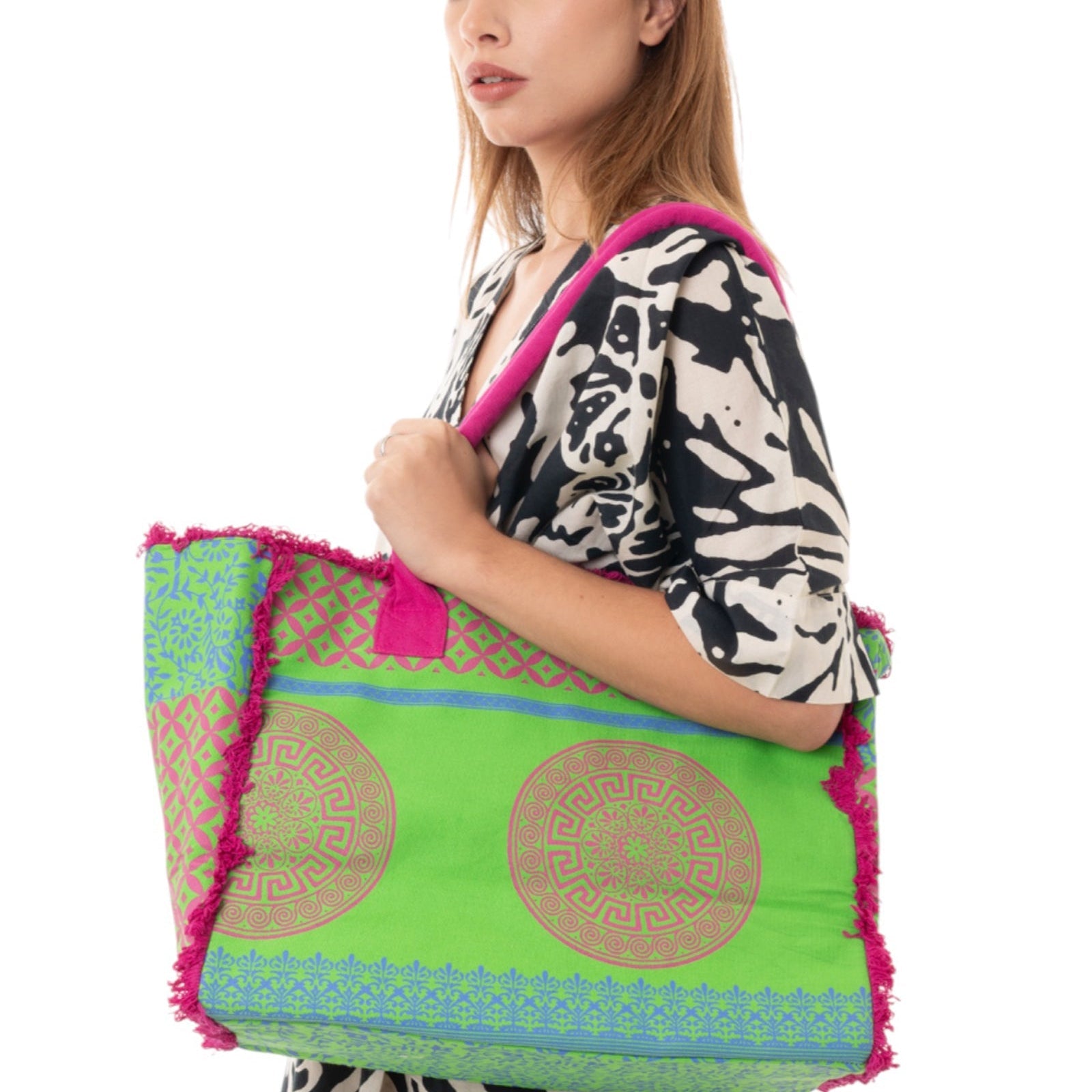 Borsa mare in cotone con stampa verde e fucsia - Mya Accessories