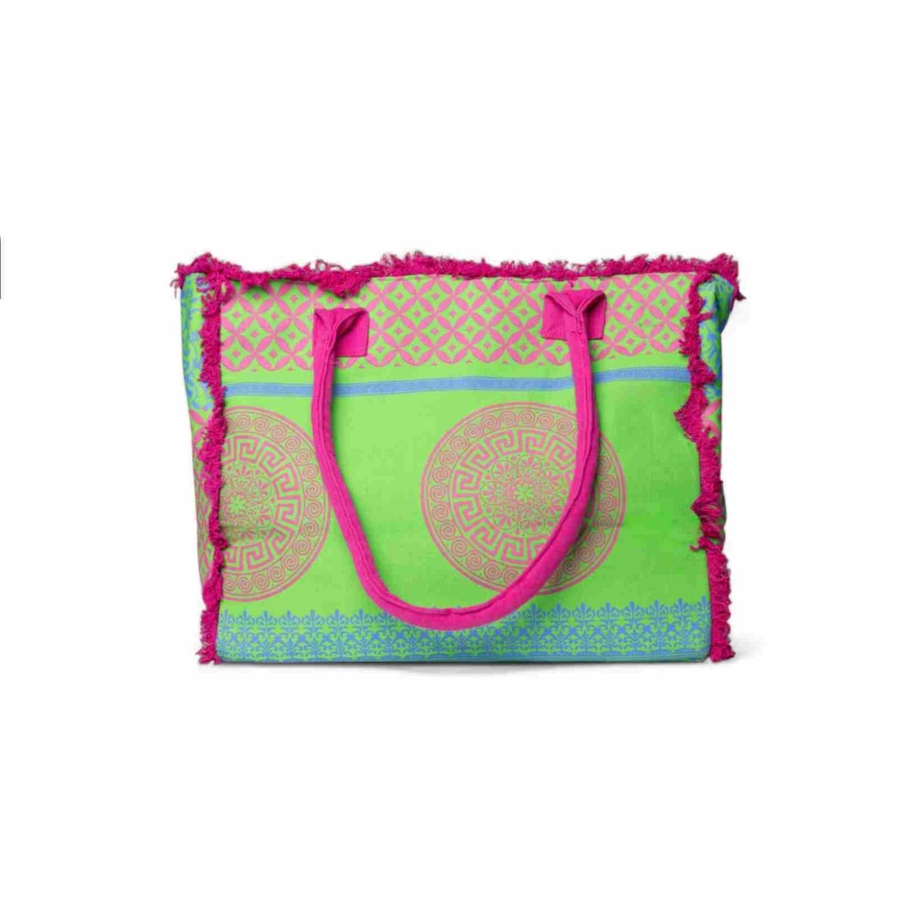 Borsa mare in cotone con stampa verde e fucsia - Mya Accessories