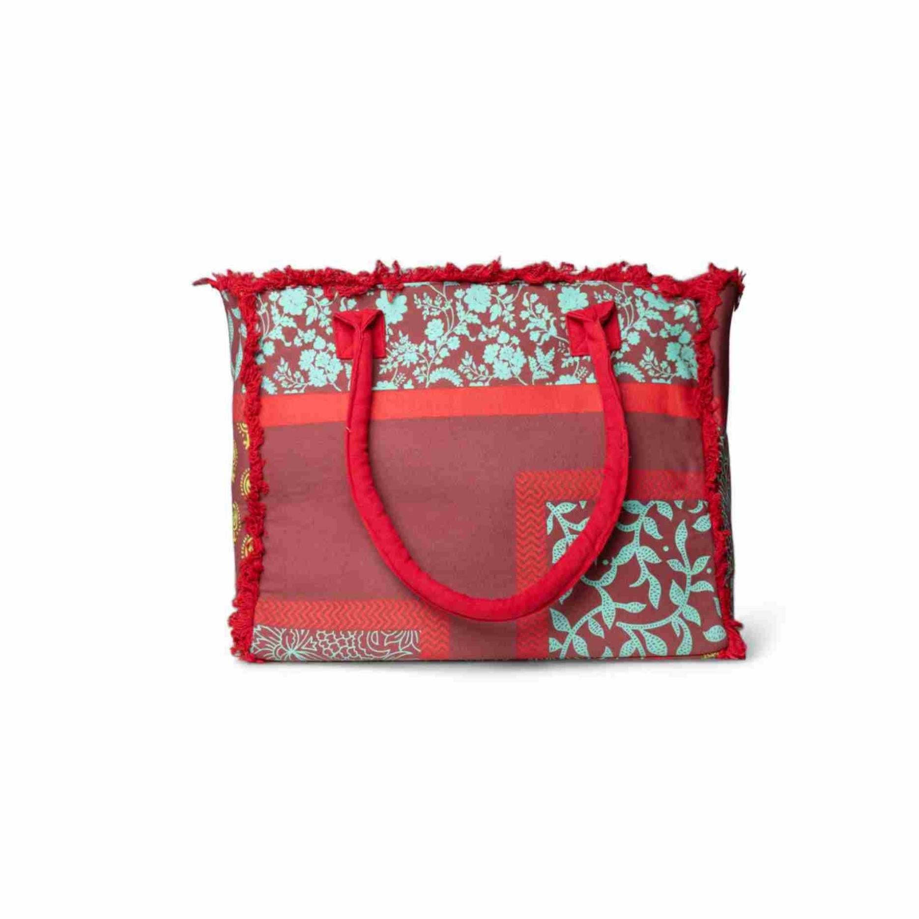 Borsa mare in cotone con stampa astratta a fiori rossa e celeste - Mya Accessories