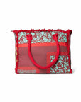 Borsa mare in cotone con stampa astratta a fiori rossa e celeste - Mya Accessories