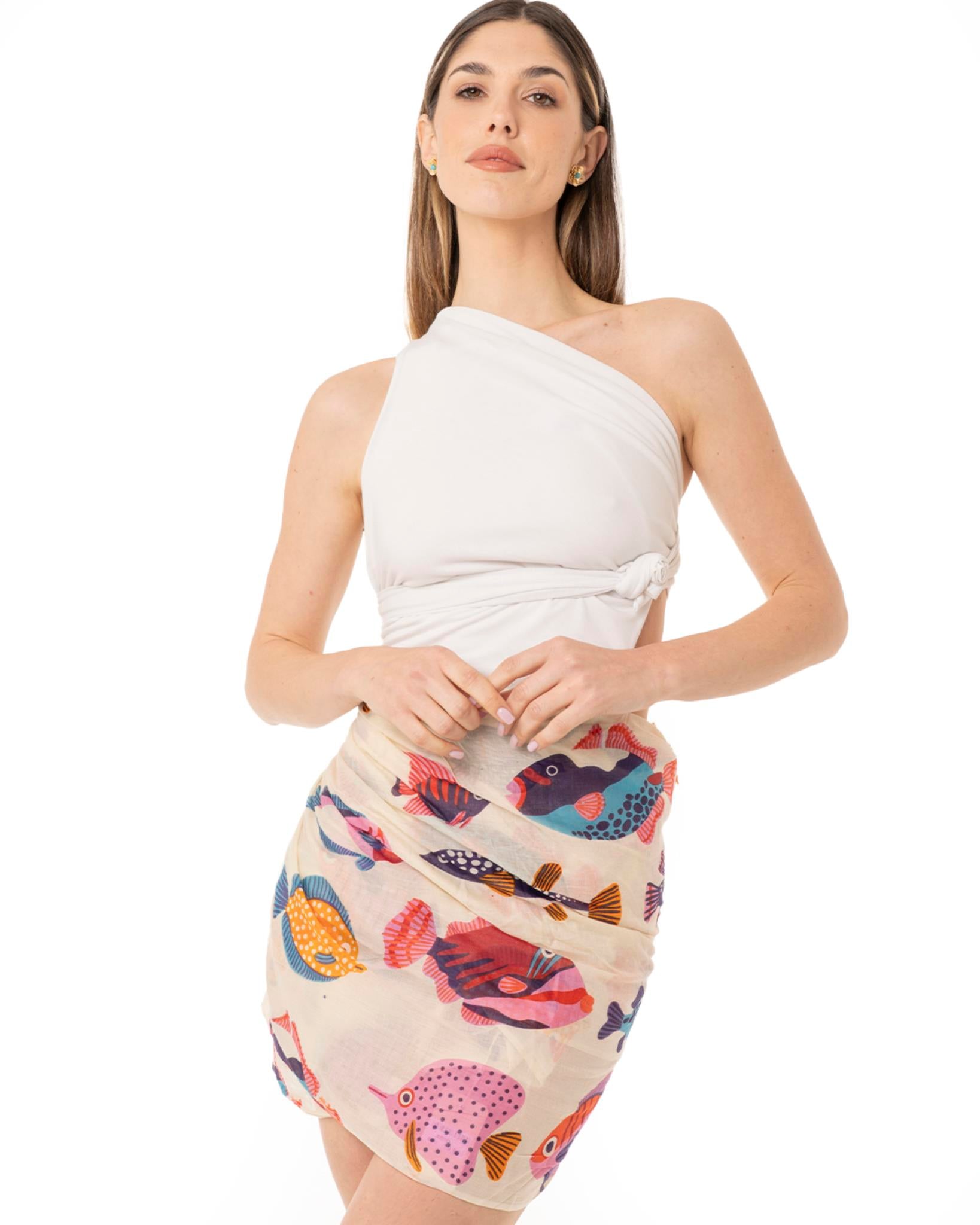 Pareo in cotone fondo bianco con stampa a pesciolini multicolore - Mya Accessories