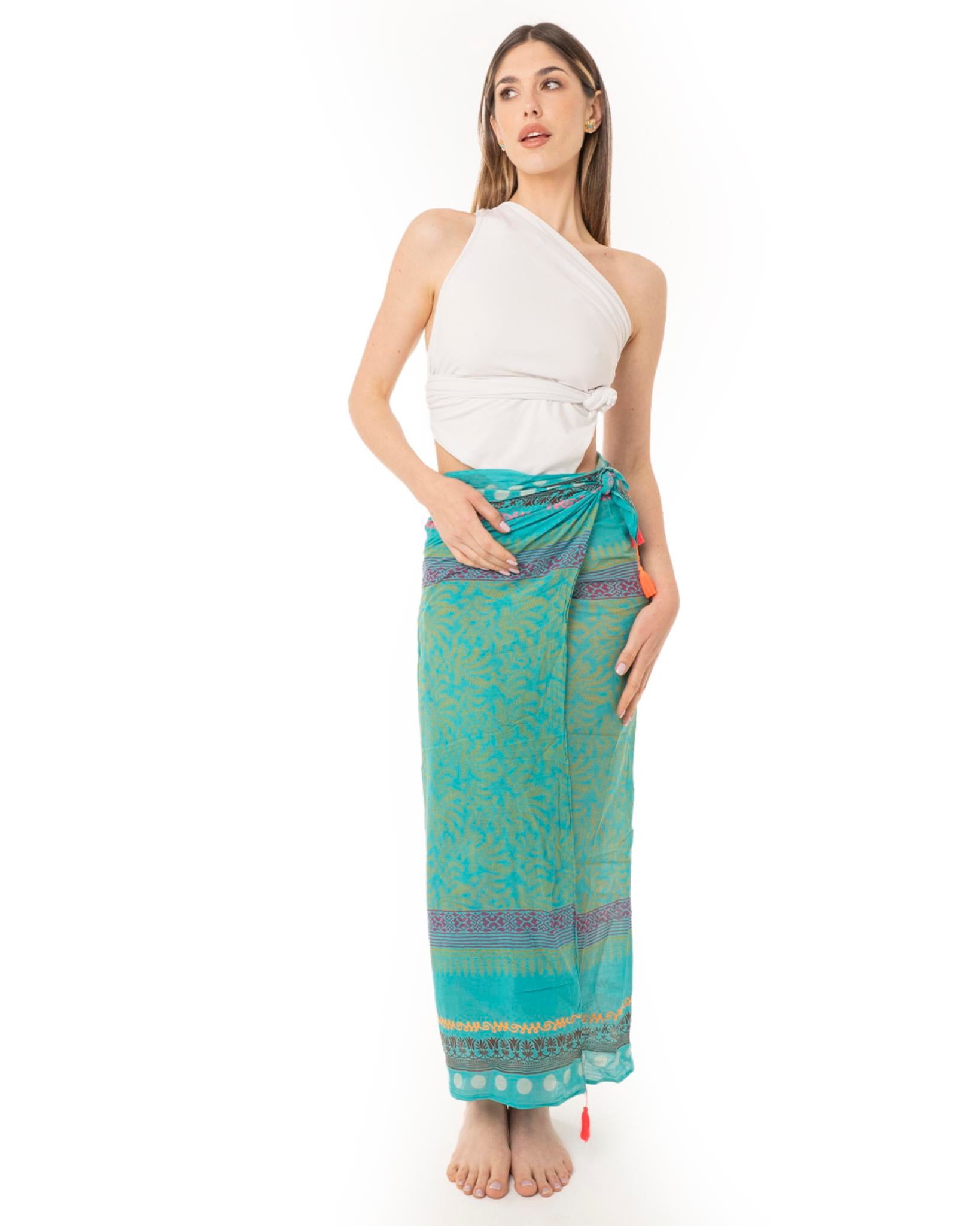 Pareo in cotone con stampa a mano tono turchese - Mya Accessories