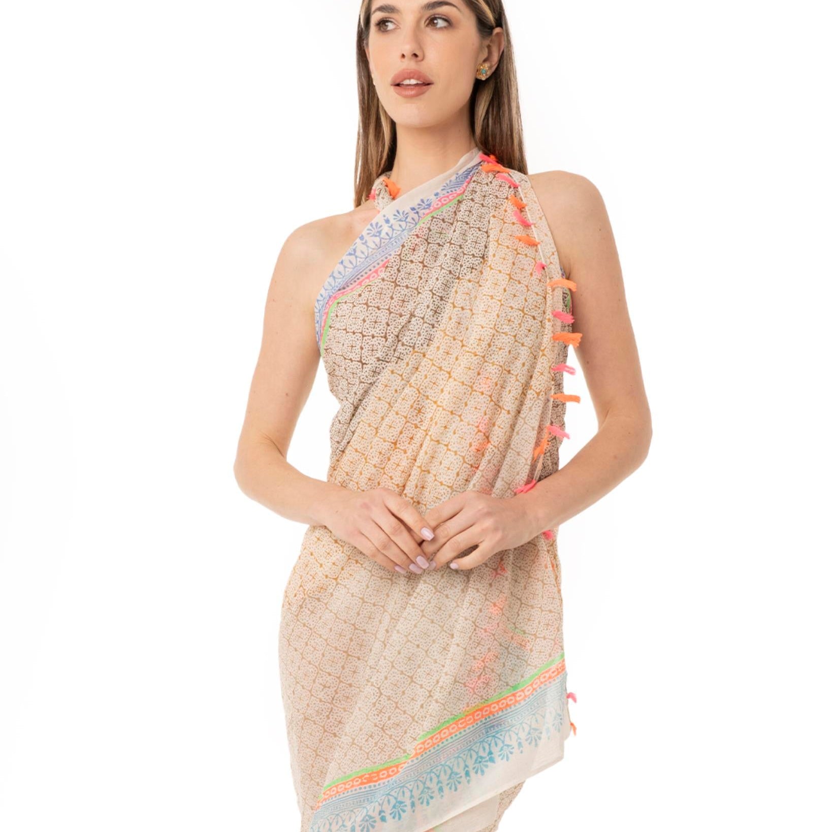 Pareo in cotone con stampa a mano tono beige - Mya Accessories