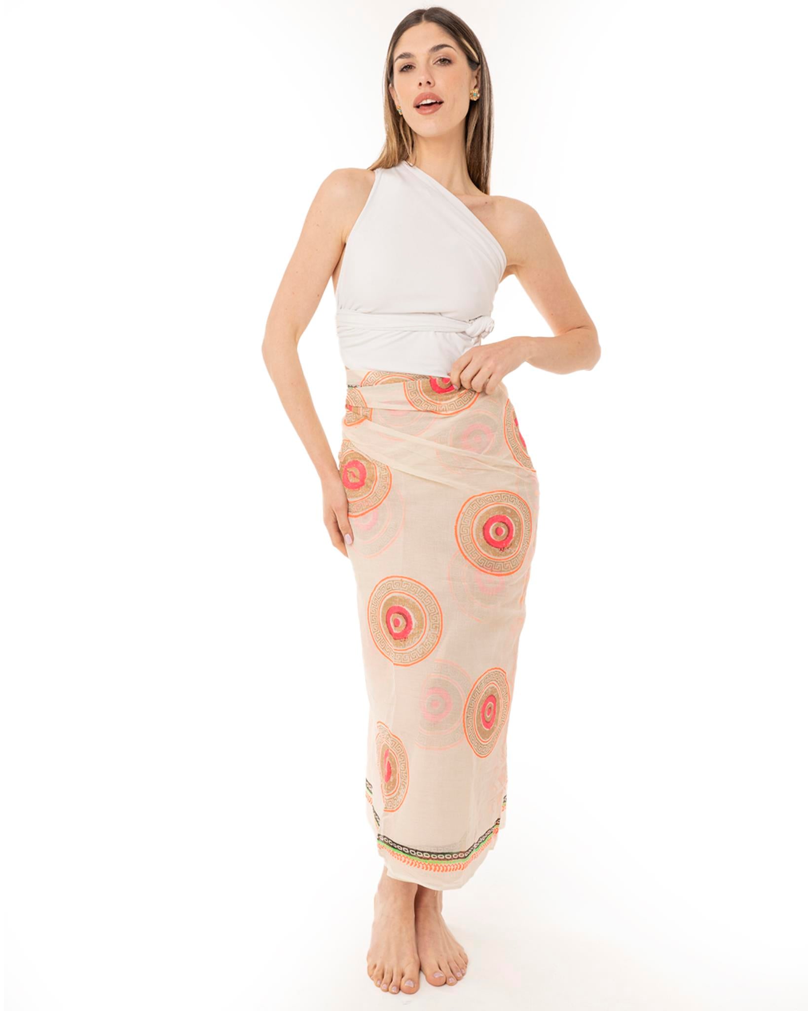 Pareo in cotone con stampa a mano texture circolare, tono beige - Mya Accessories