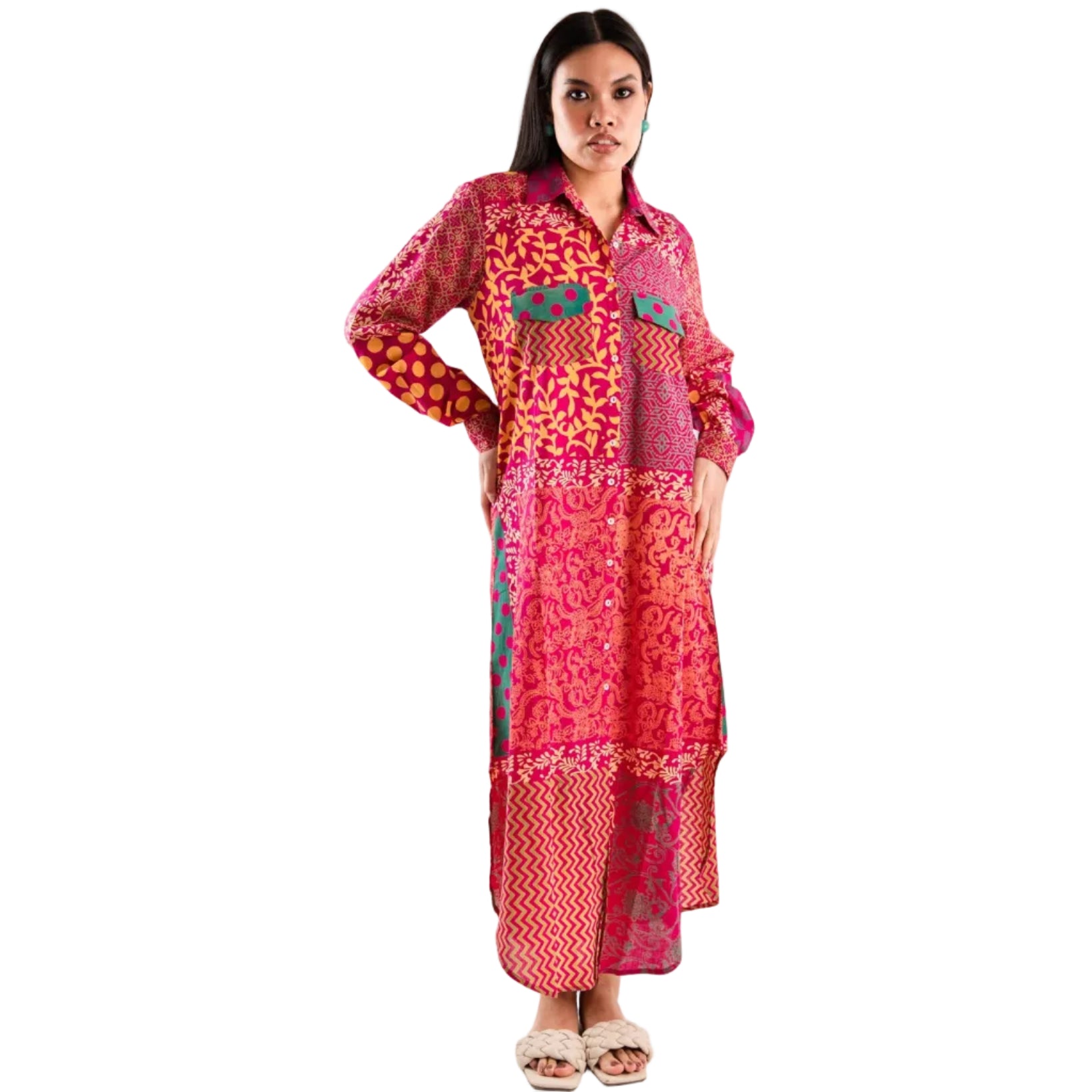 Vestito a camicia lungo con stampa fucsia - Mya Accessories
