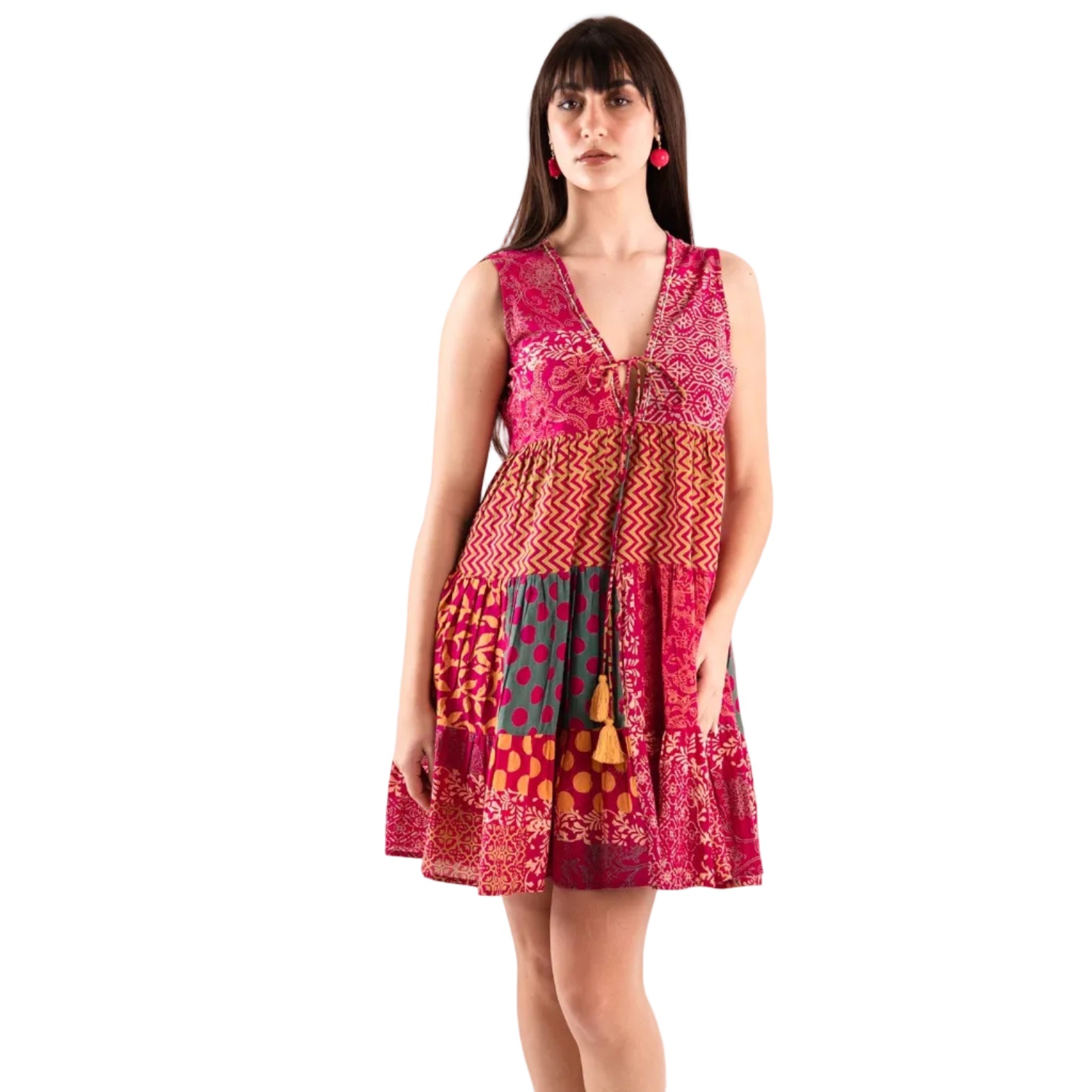 Vestito corto giro maniche con stampa tono arancio e fucsia - Mya Accessories