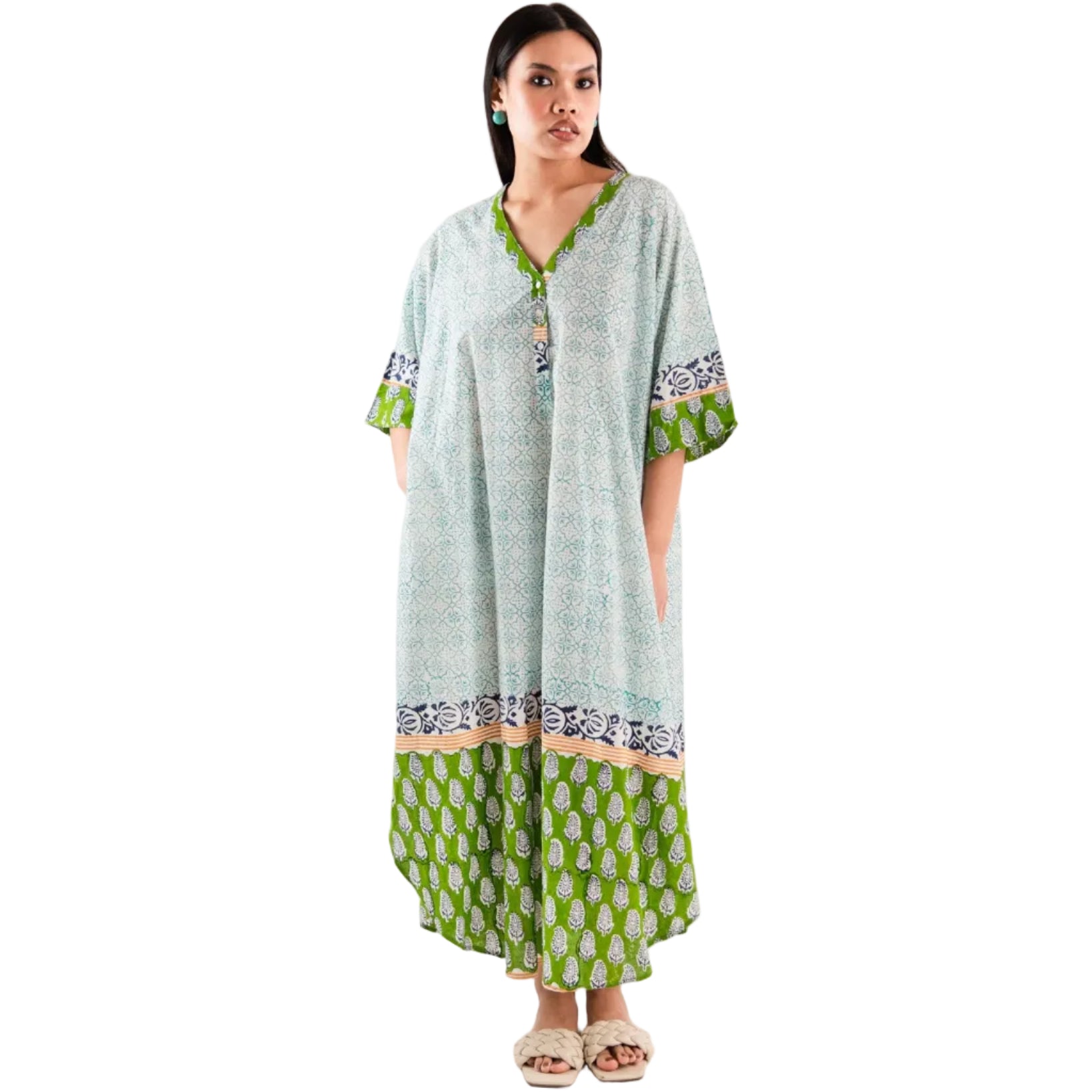 Vestito lungo a camicione in cotone stampa tono verde - Mya Accessories