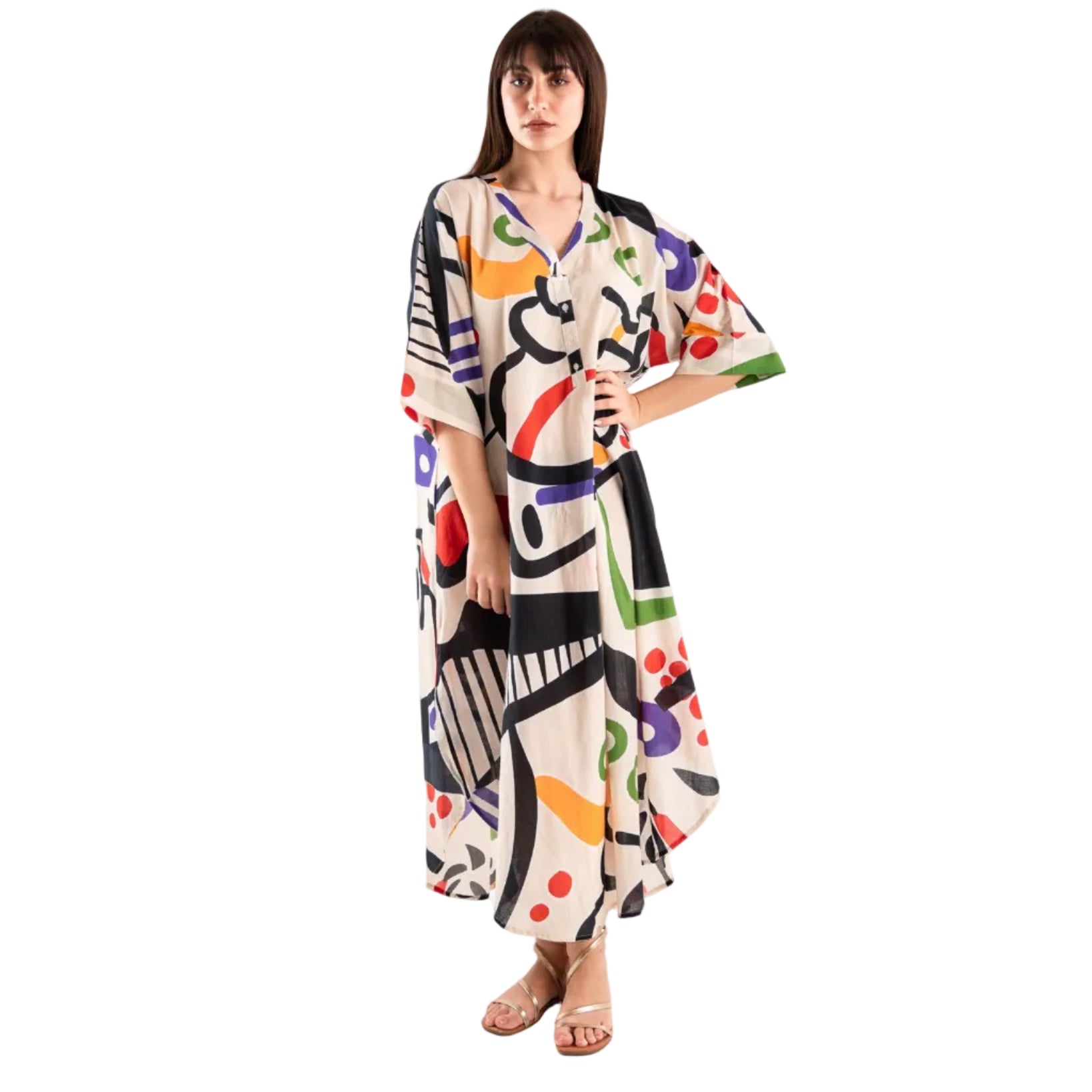 Vestito lungo a camicione in cotone con stampa multicolore - Mya Accessories