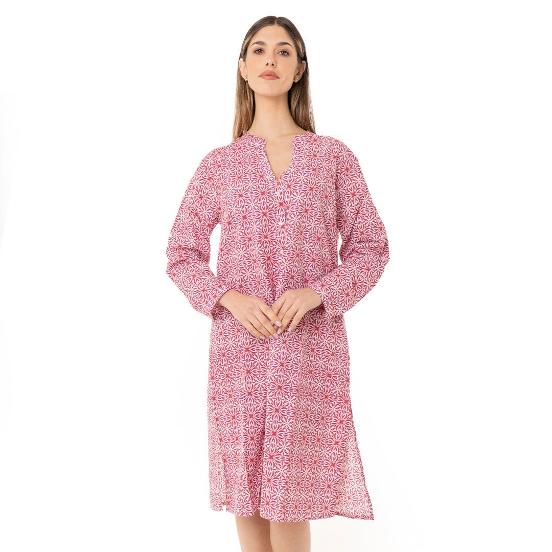 Vestito a camicia in cotone con stampa a fiori fucsia - Mya Accessories