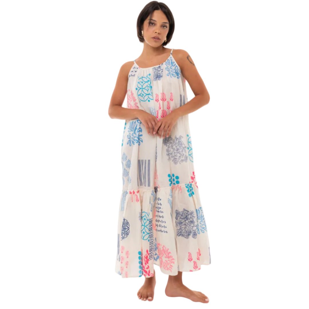 Vestito lungo bianco cotone a bretelle con stampa multicolore - Mya Accessories