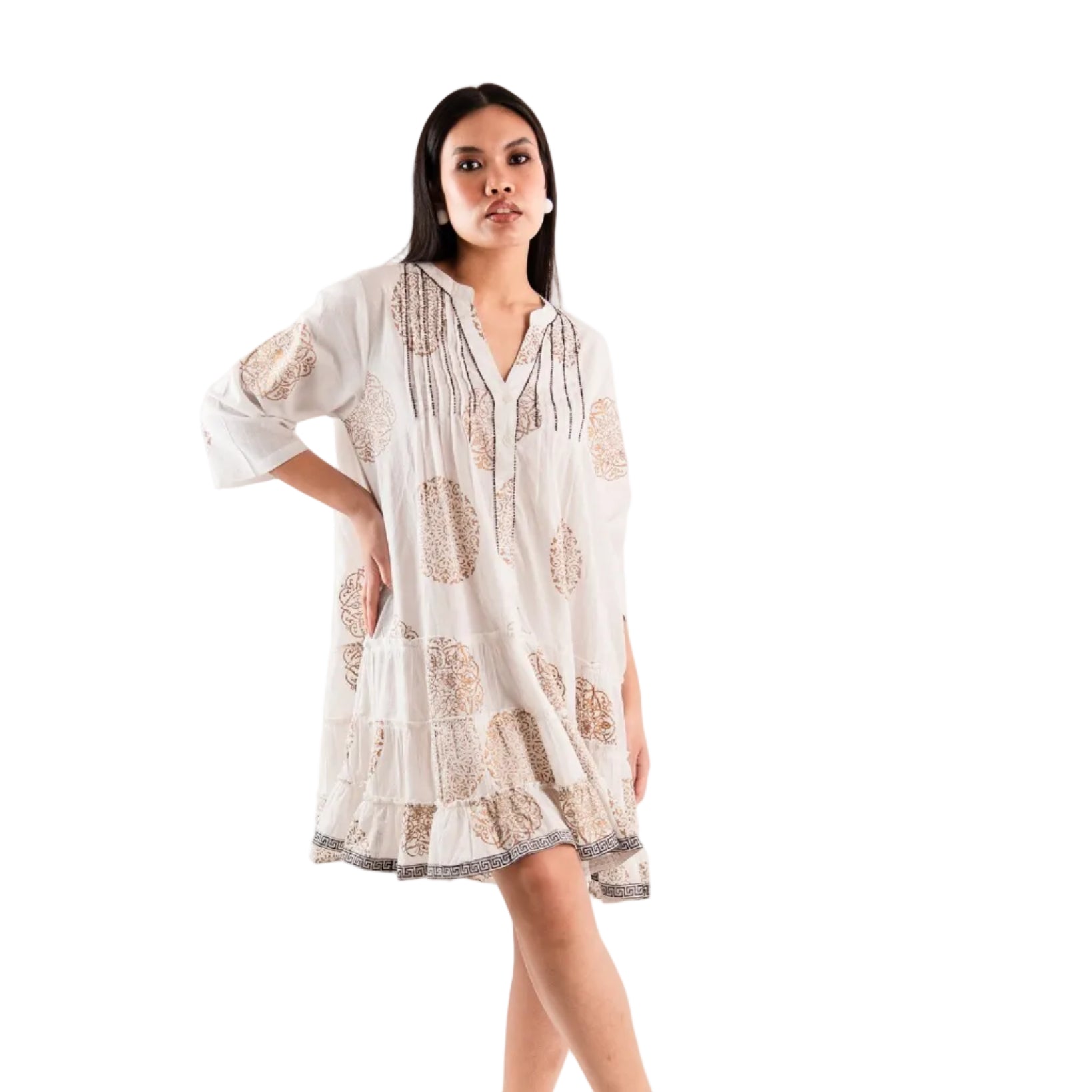 Vestito in cotone bianco corto con stampa oro - Mya Accessories