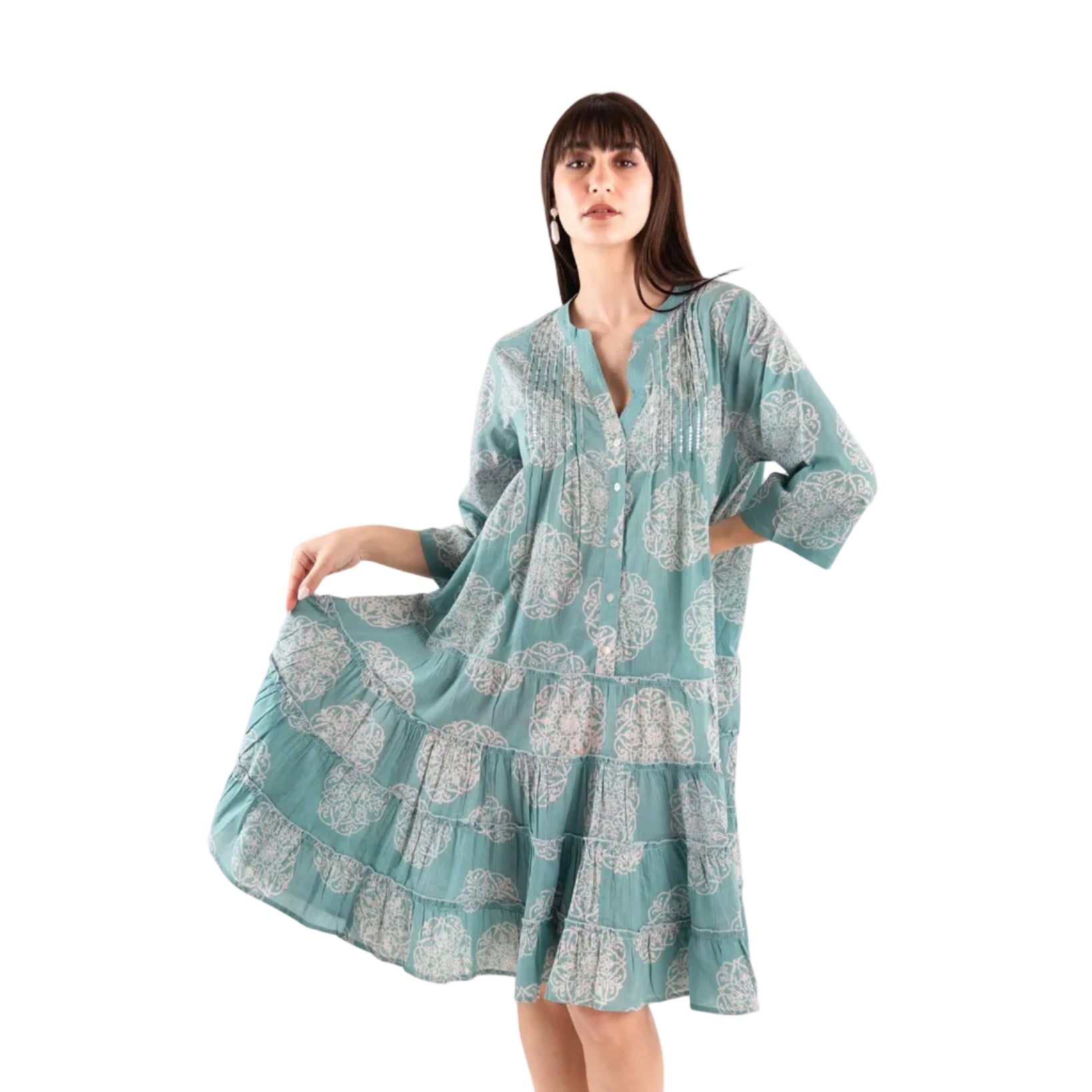 Vestito in cotone turchese corto con stampa bianca - Mya Accessories