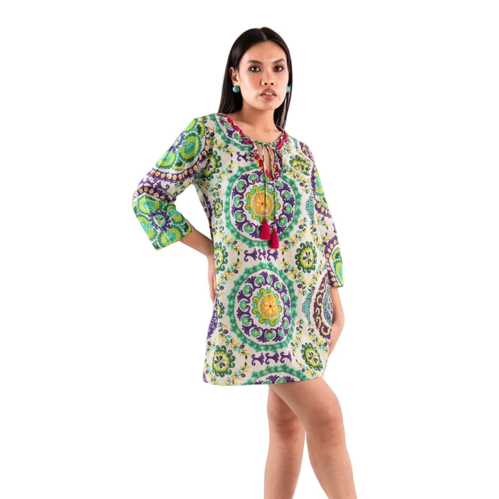 Vestito in cotone corto con stampa viola e verde - Mya Accessories
