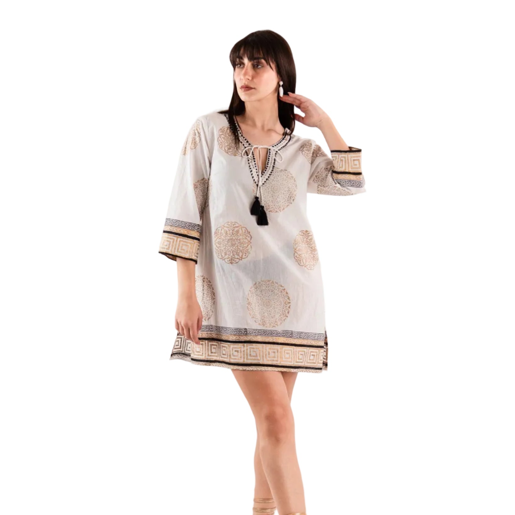 Vestito in cotone corto bianco con stampa oro - Mya Accessories