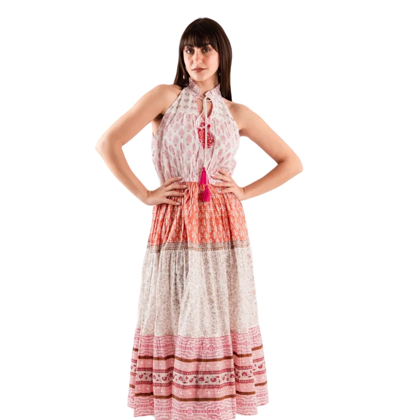 Vestito in cotone lungo bianco a giro maniche con stampa tono rosso - Mya Accessories