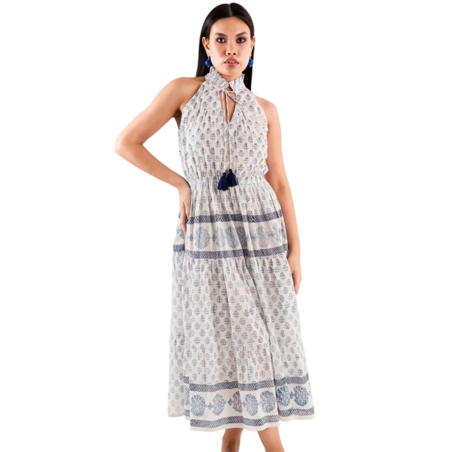 Vestito in cotone lungo bianco a giro maniche con stampa tono blu - Mya Accessories