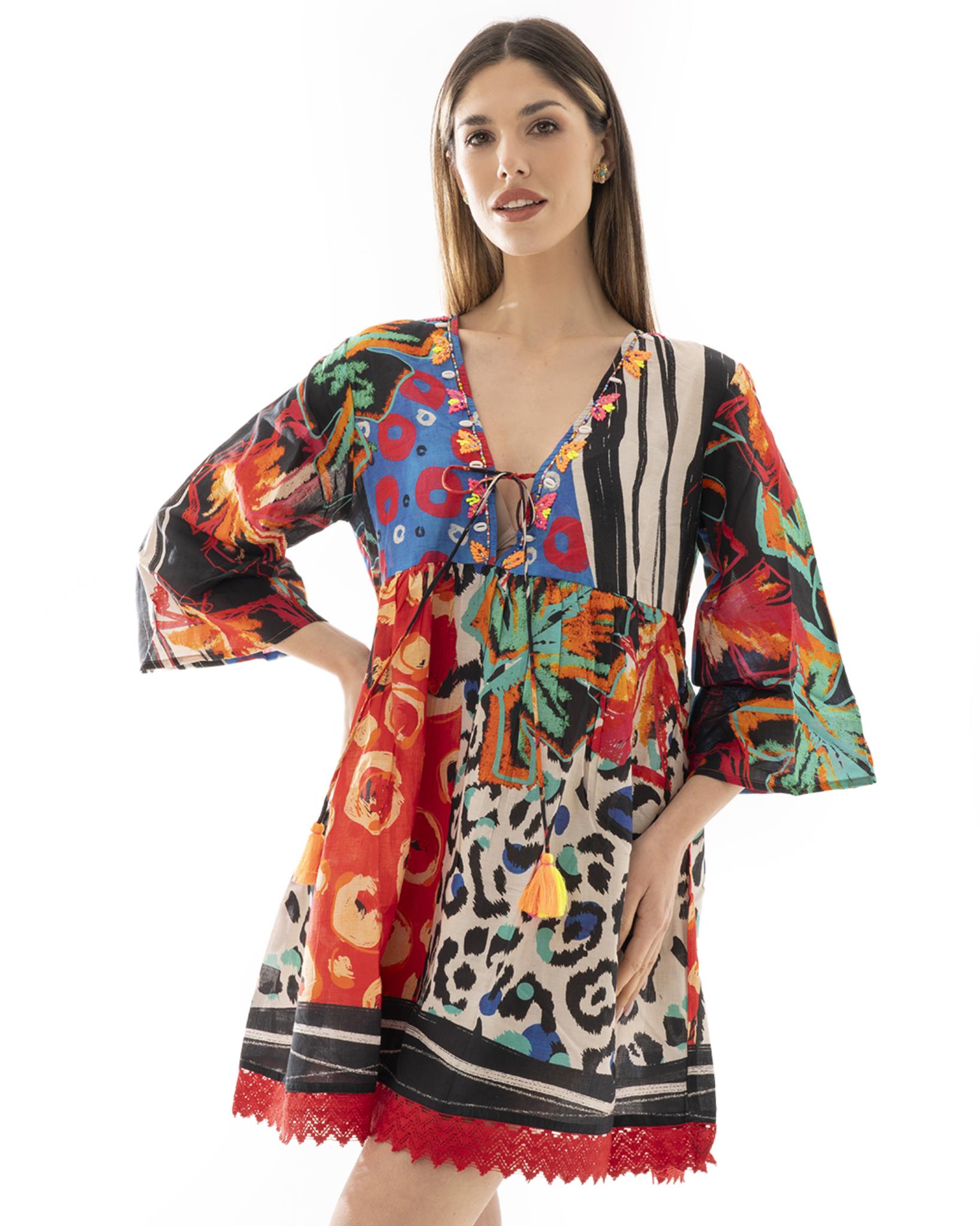 Vestito corto in cotone con stampa animalier multicolore - Mya Accessories