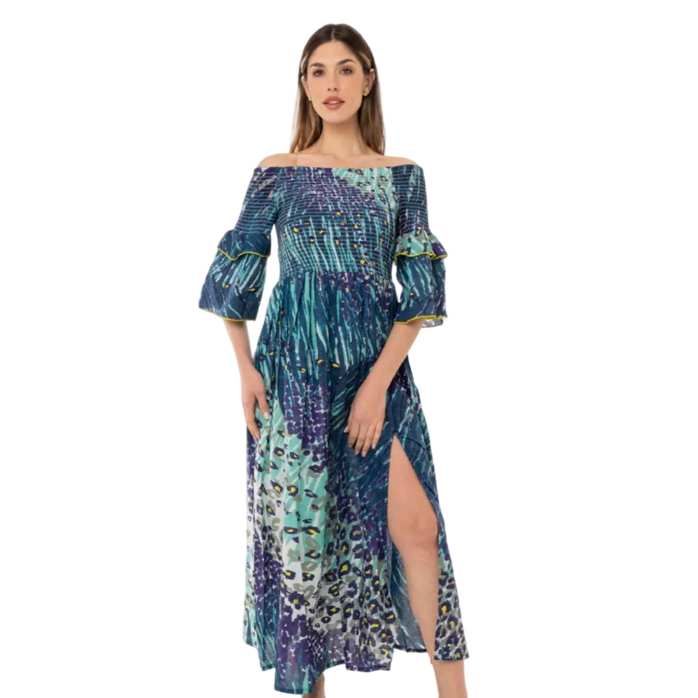 Vestito lungo in cotone con stampa animalier tono blu - Mya Accessories