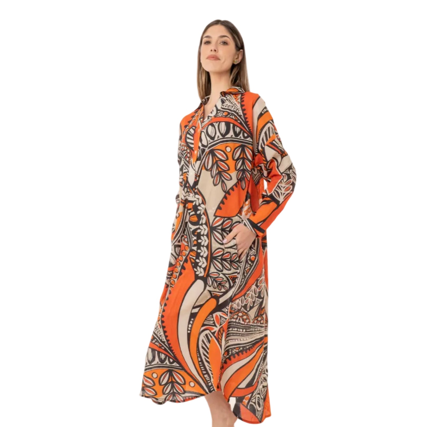 Vestito lungo in cotone con stampa multi arancio - Mya Accessories