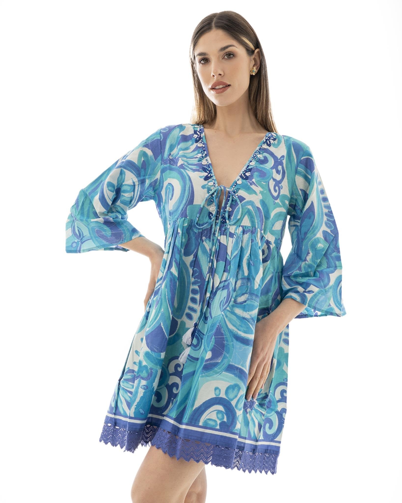 Vestito corto in cotone a fantasia tono turchese - Mya Accessories