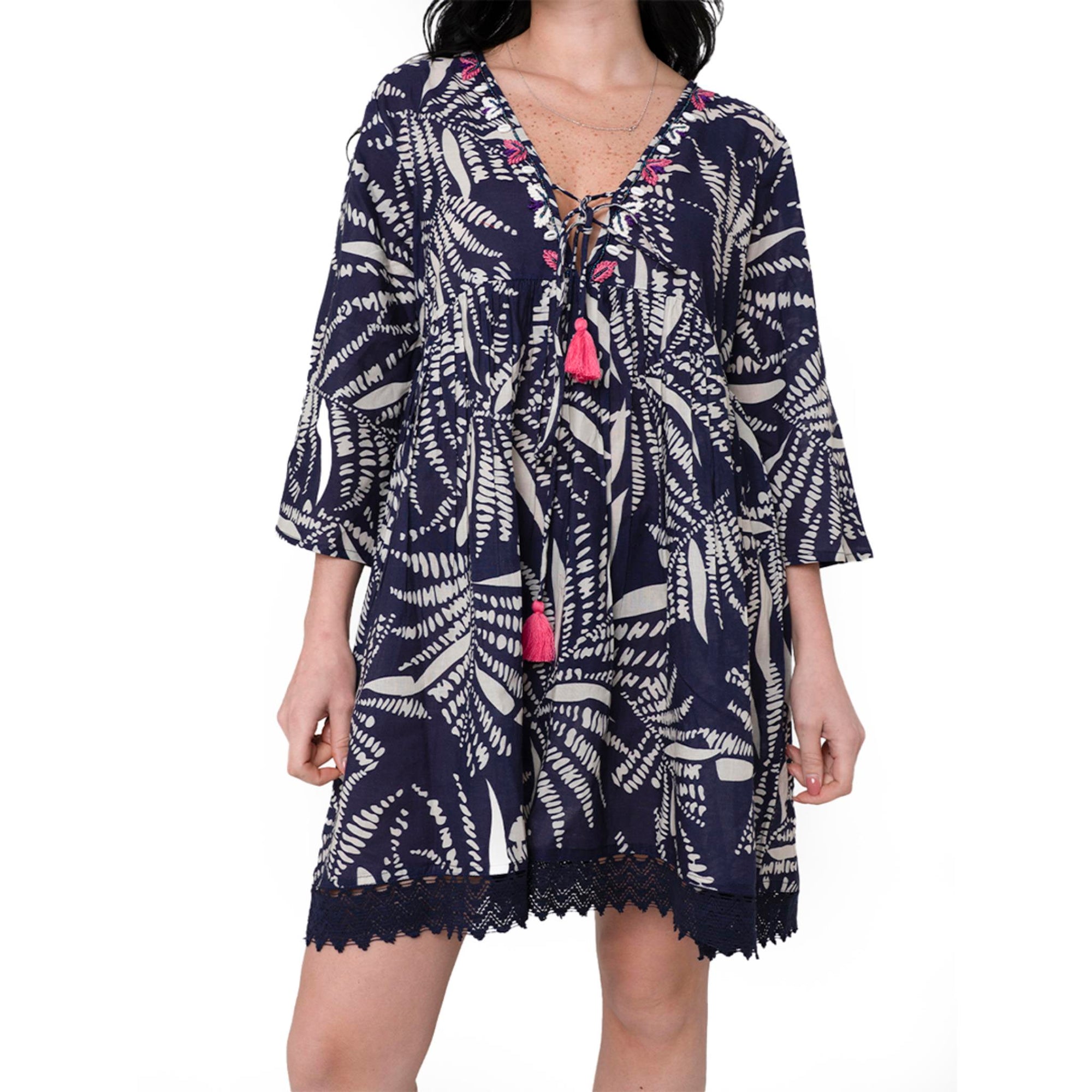 Vestito corto in cotone fondo blu con stampa foglie tropicali - Mya Accessories