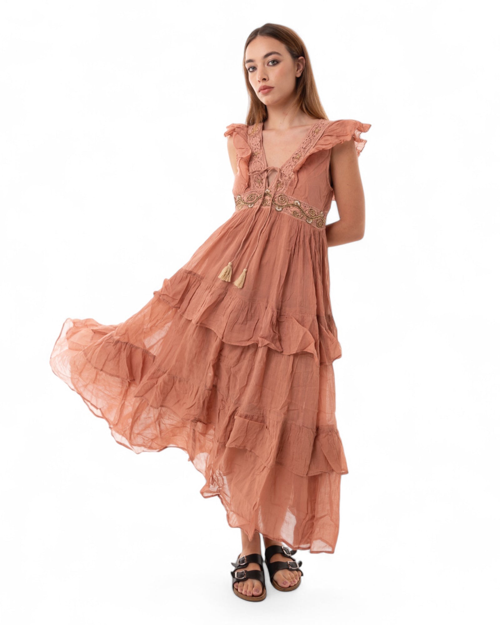Vestito lungo a giro maniche morbido con volant in cotone rosa pesca - Mya Accessories
