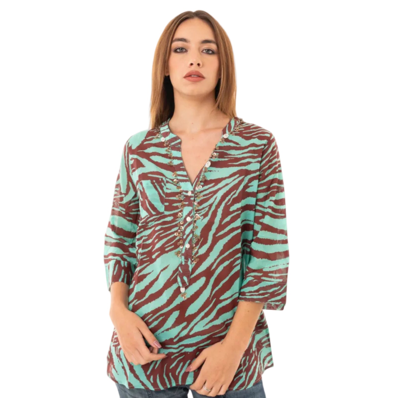 Camicia in cotone con stampa animalier verde acqua e marrone - Mya Accessories