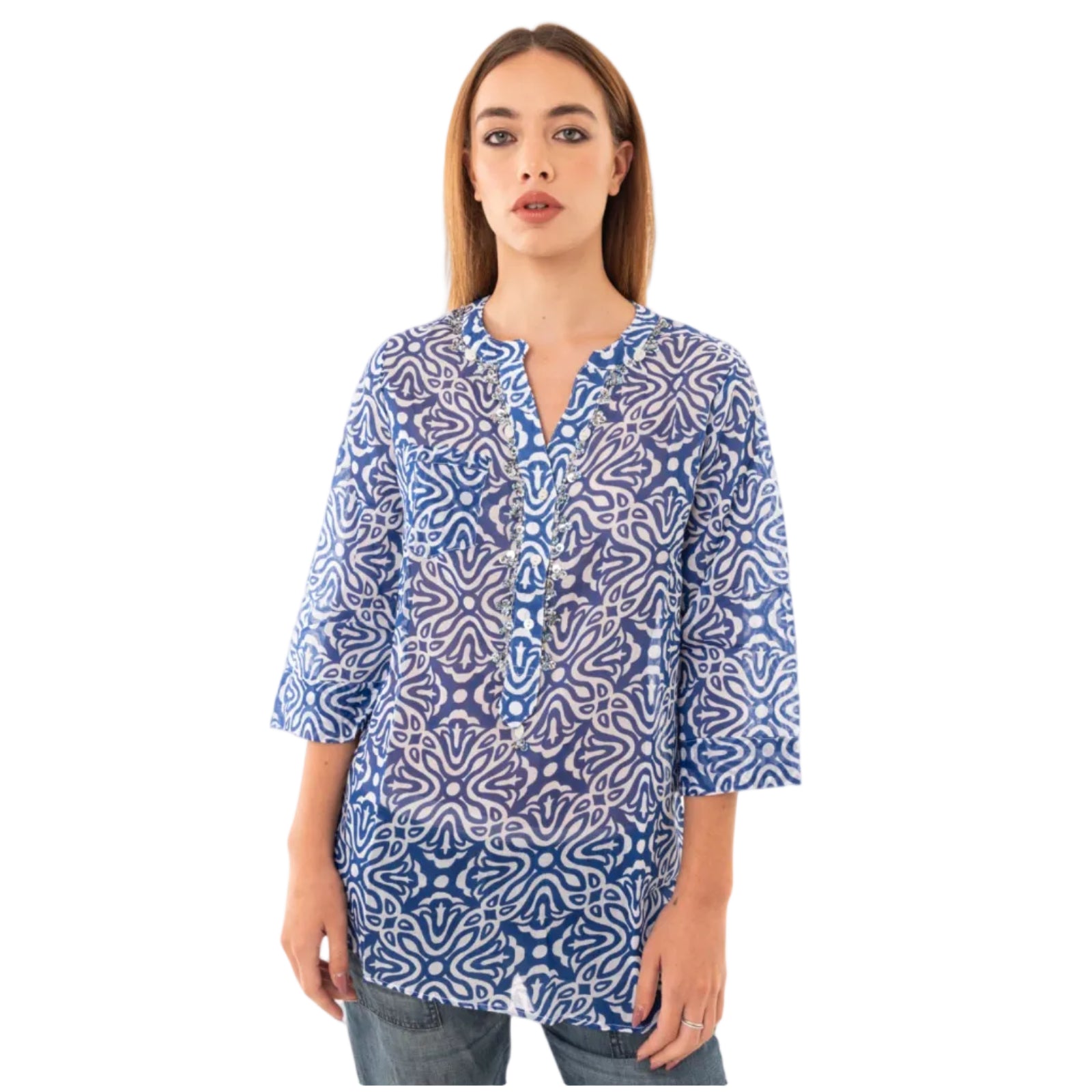 Camicia in cotone con stampa tono blu - Mya Accessories