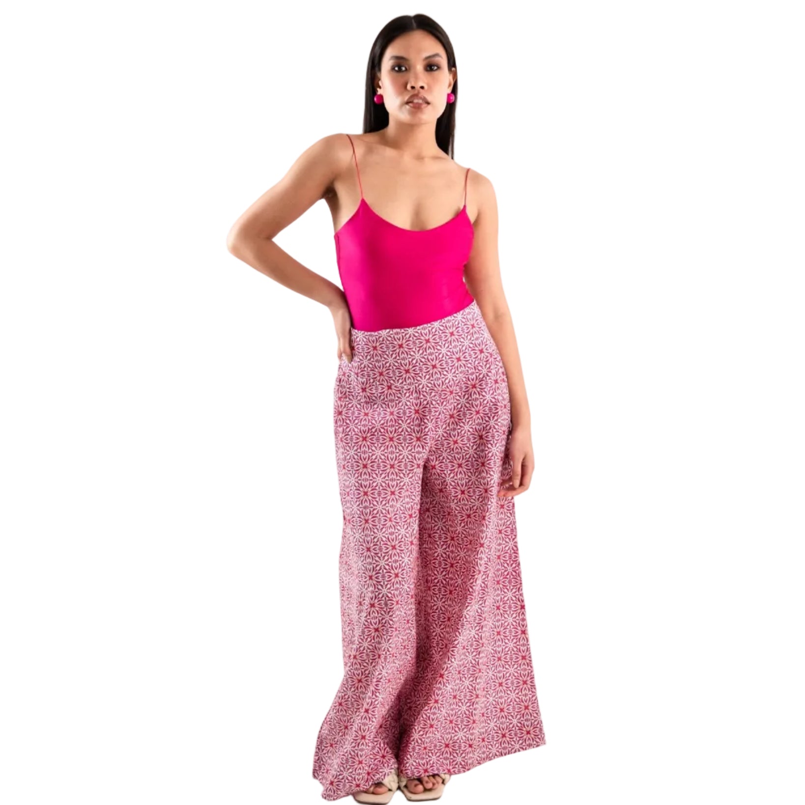 Pantalone in cotone con stampa a fiori bianchi e fucsia - Mya Accessories