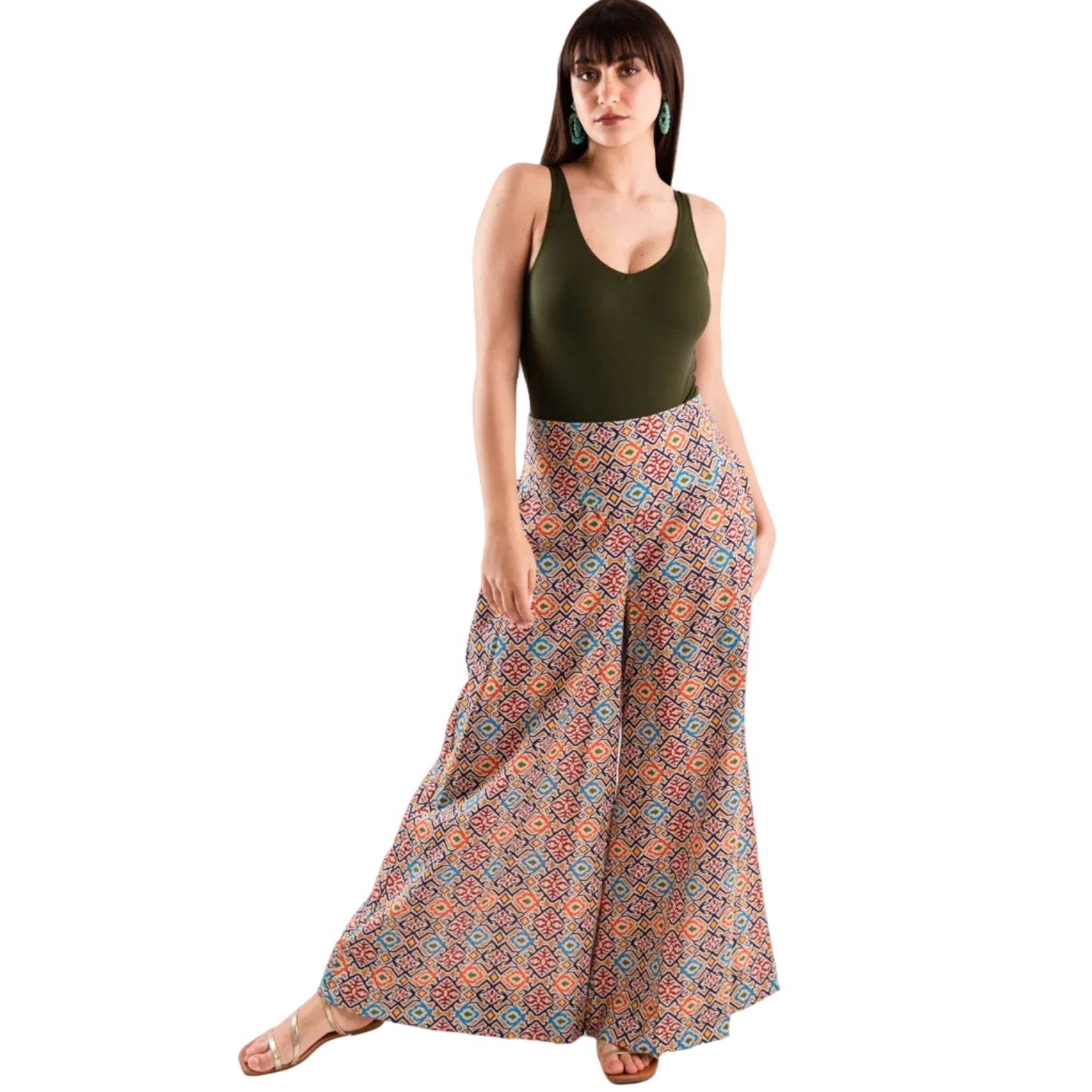 Pantalone in cotone con stampa geometrica tono arancio e celeste - Mya Accessories