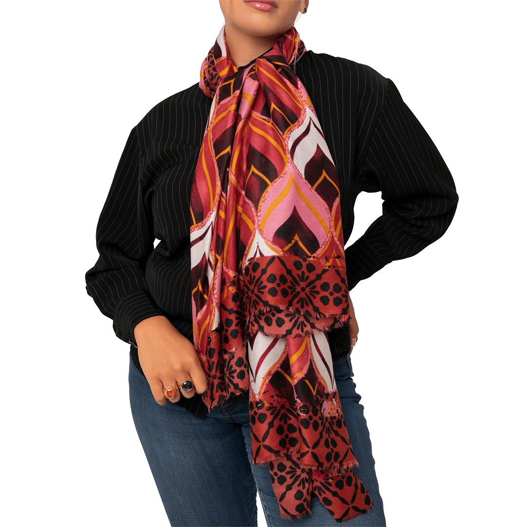 Sciarpa in cotone con stampe geometriche multi bordeaux - Mya Accessories