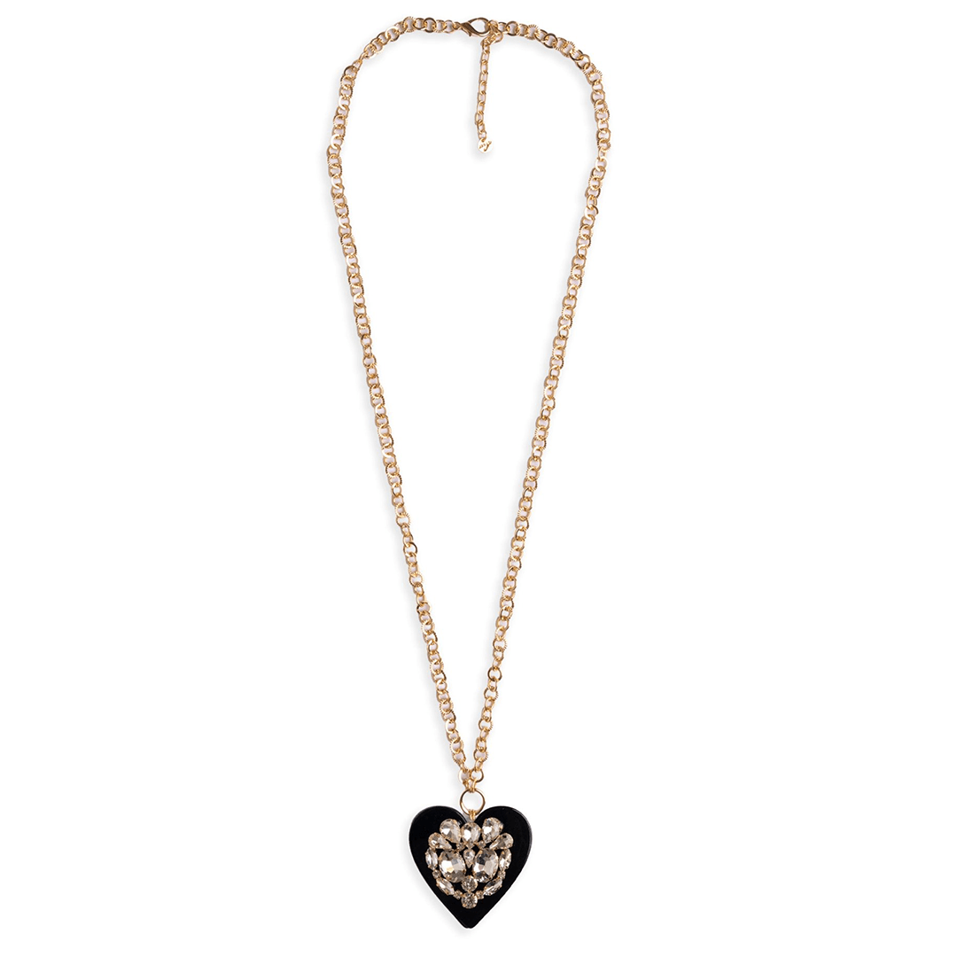 Collana lunga con pendente a forma di cuore in resina nero con strass crystal - Mya Accessories