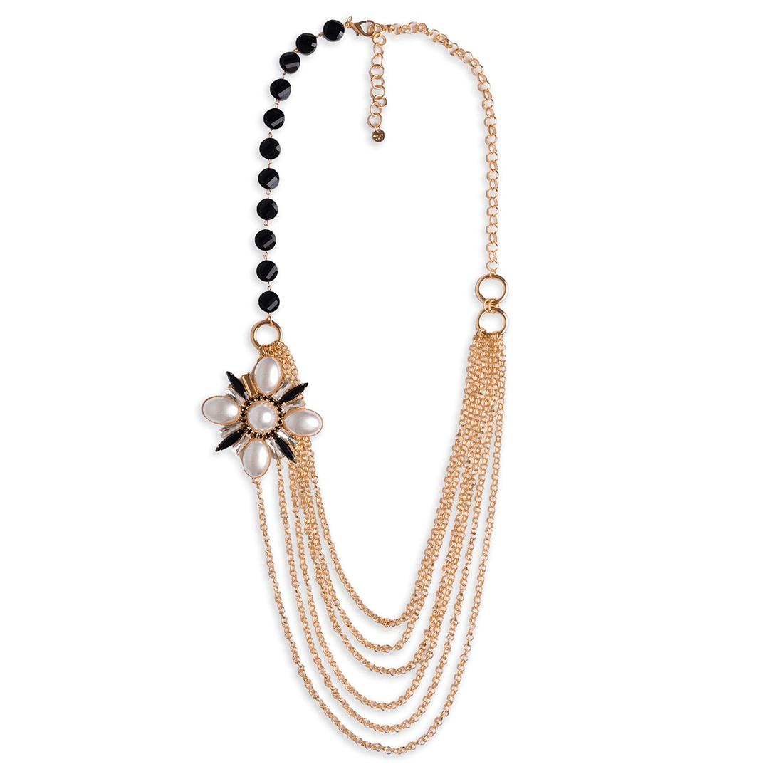 Collana multi catene con pietre nere e fiore con perle in vetro - Mya Accessories