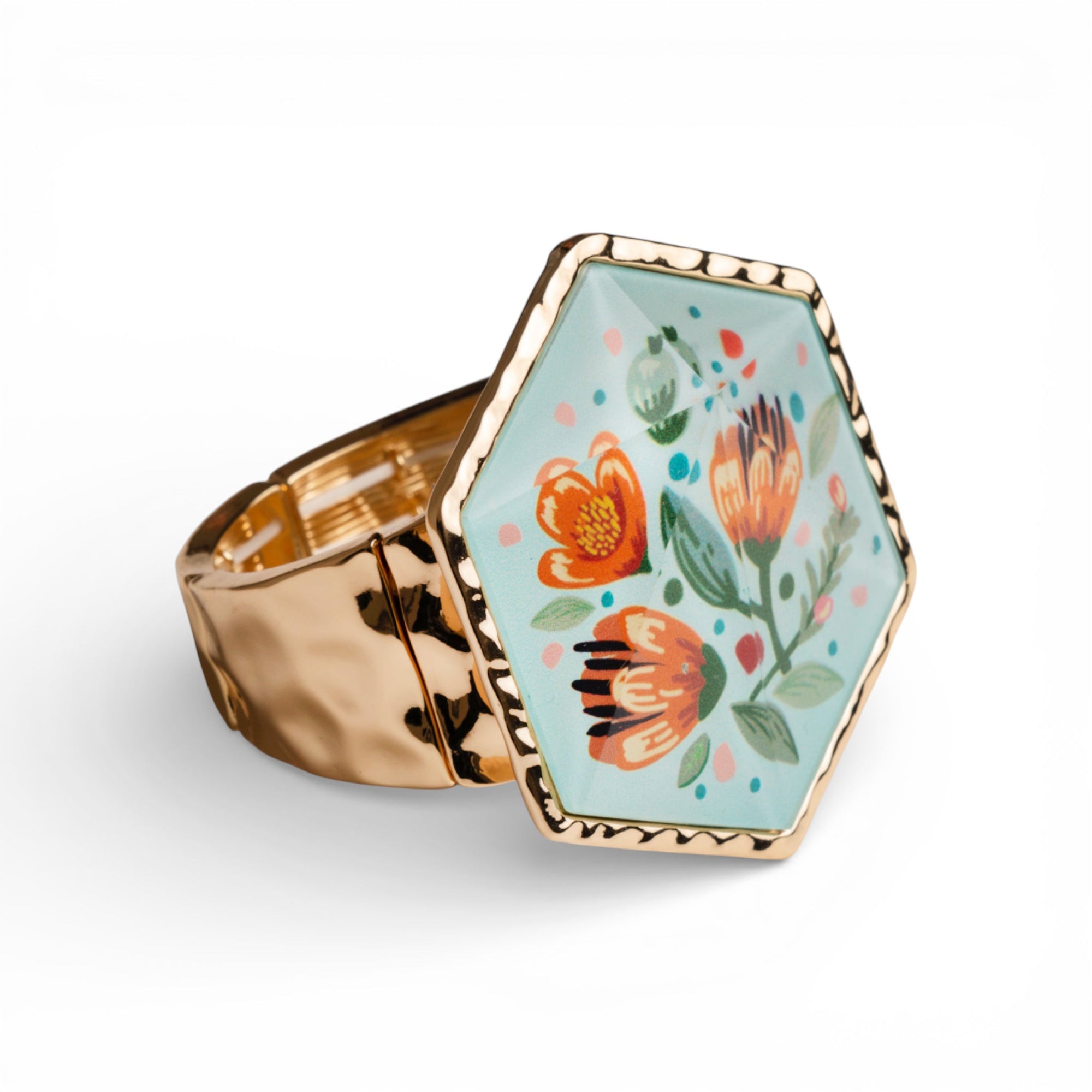 Bracciale rigido elastico con medaglione esagonale e design floreale in resina - Mya Accessories