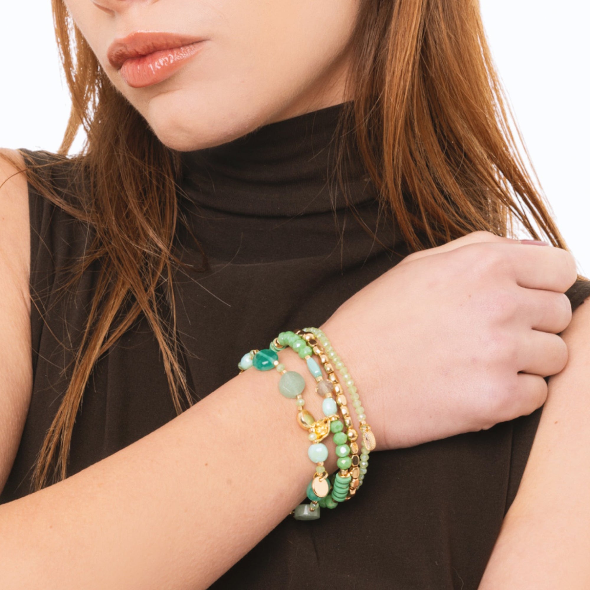 Bracciale elastico multi filo con pietre dure e vetro verdi - Mya Accessories