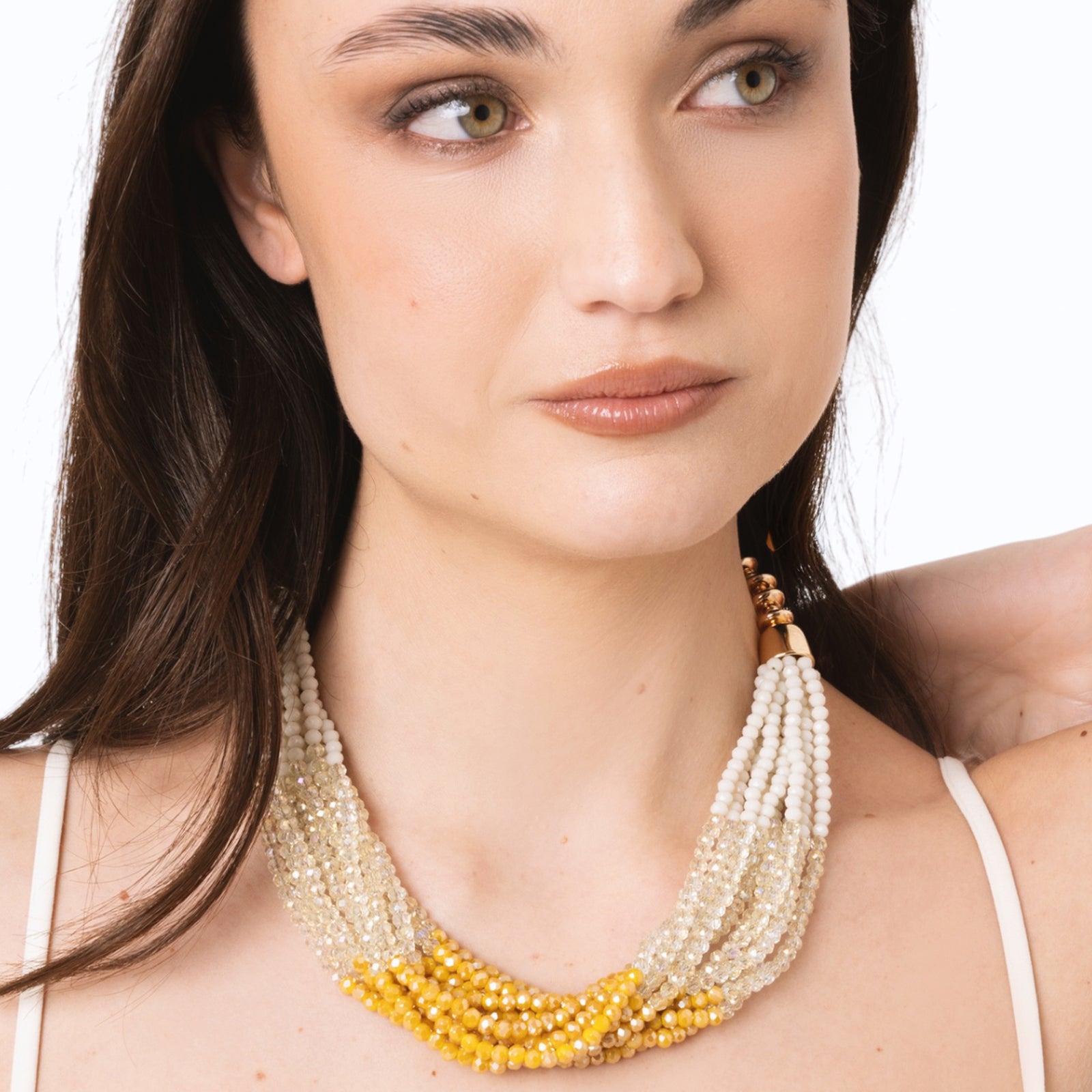 Collana girocollo multi filo di pietre in vetro bianche e gialle - Mya Accessories