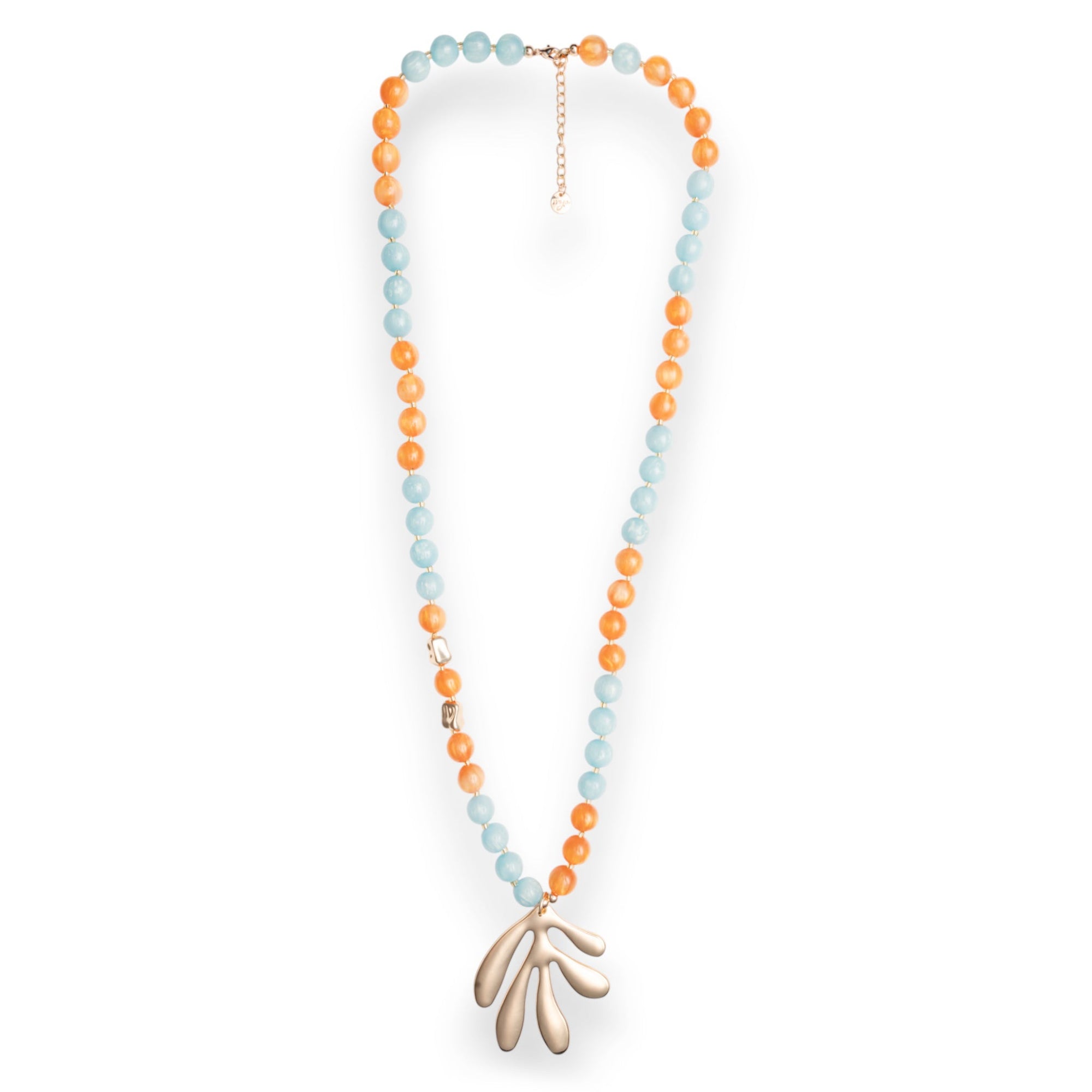 Collana lunga con sfere in acrilico arancio e turchesi, pendente a foglia - Mya Accessories