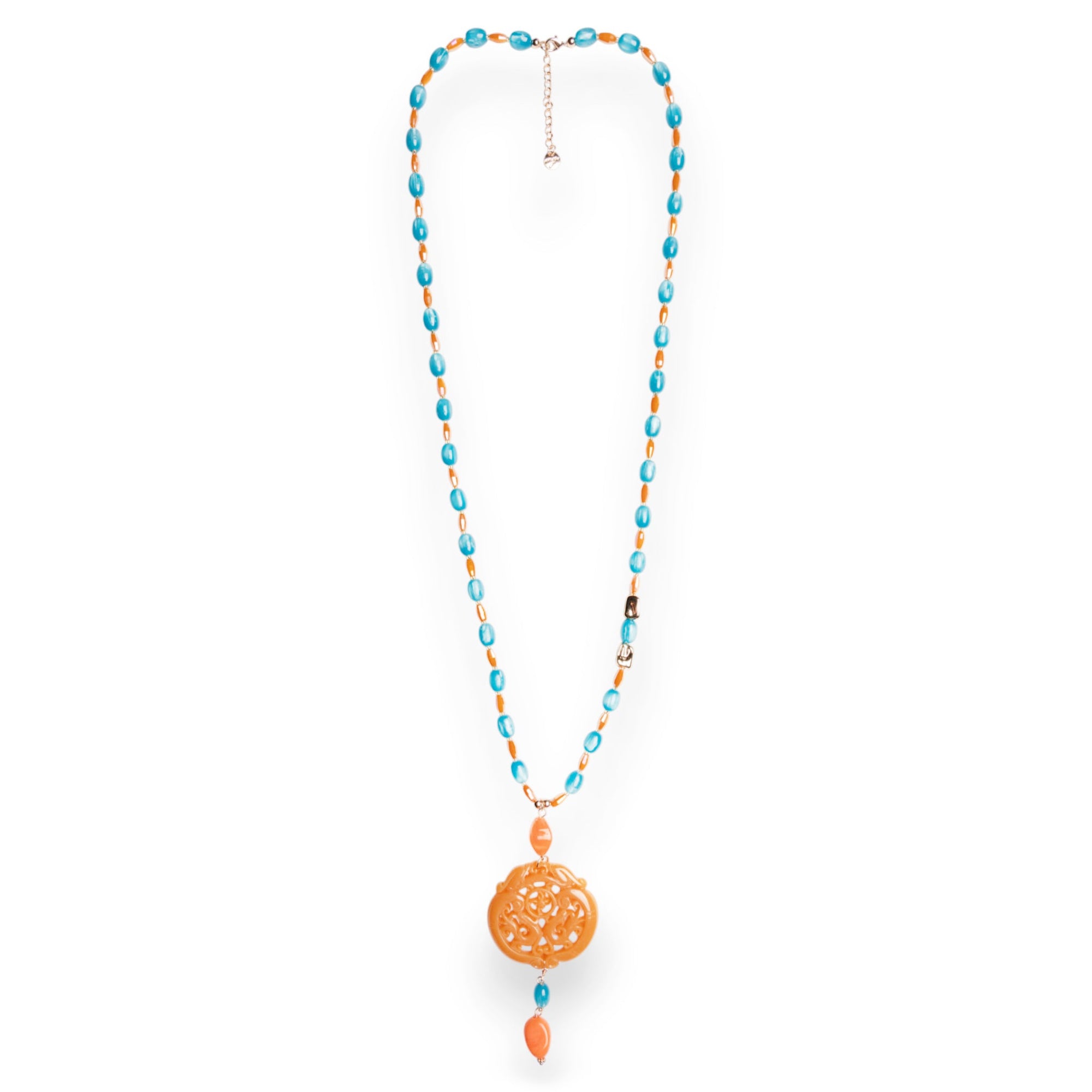 Collana lunga con pietre in acrilico e vetro, pendente mandala arancio - Mya Accessories