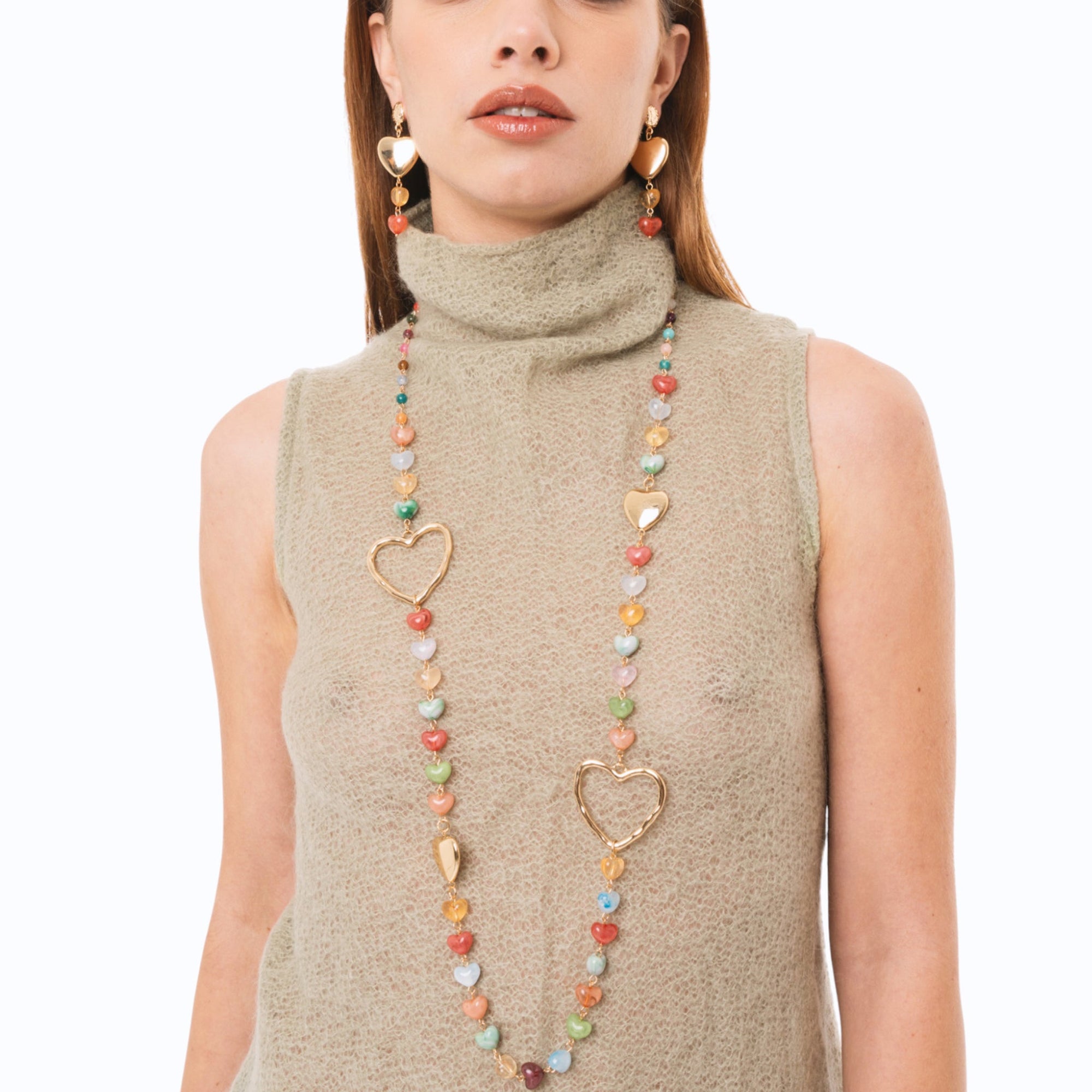 Collana lunga metallo pietre cuore acrilico multicolore - Mya Accessories