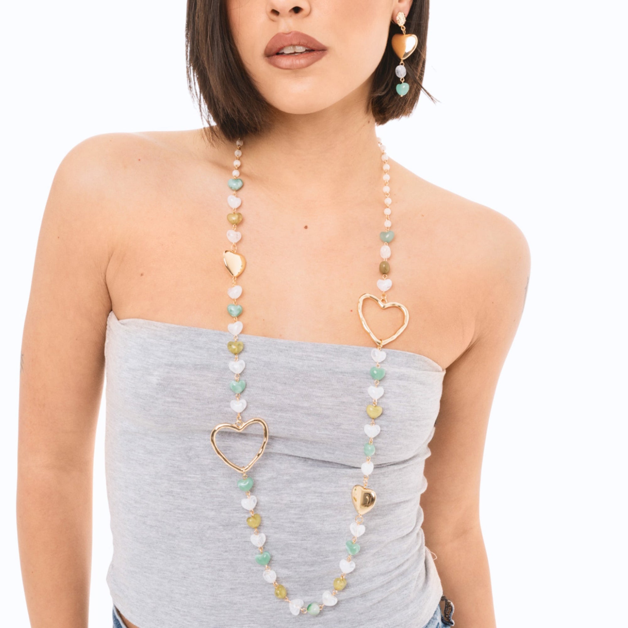 Collana lunga metallo pietre cuore acrilico multi verde - Mya Accessories