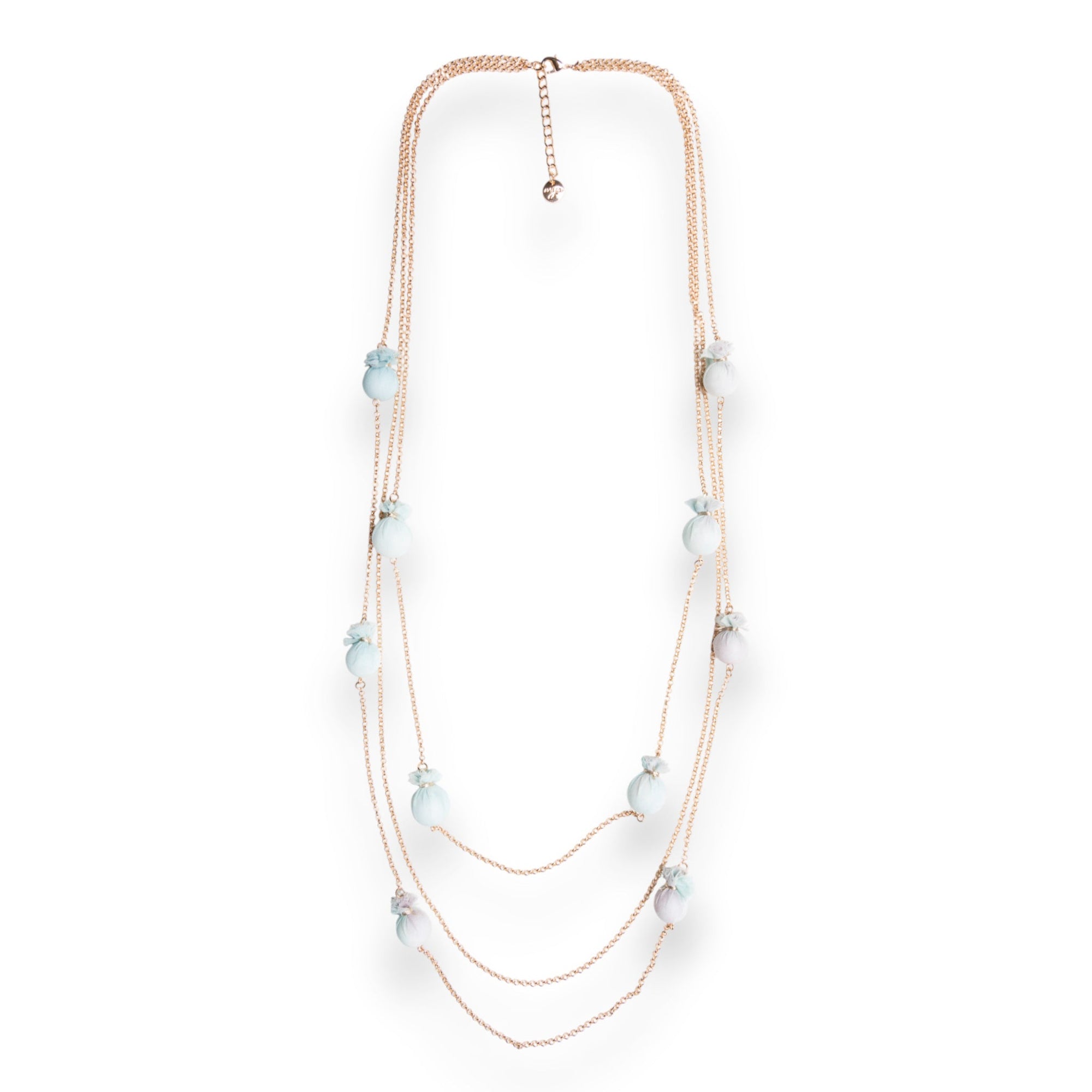 Collana lunga a tre fili in catena sottile con caramelle in cotone tono azzurro - Mya Accessories