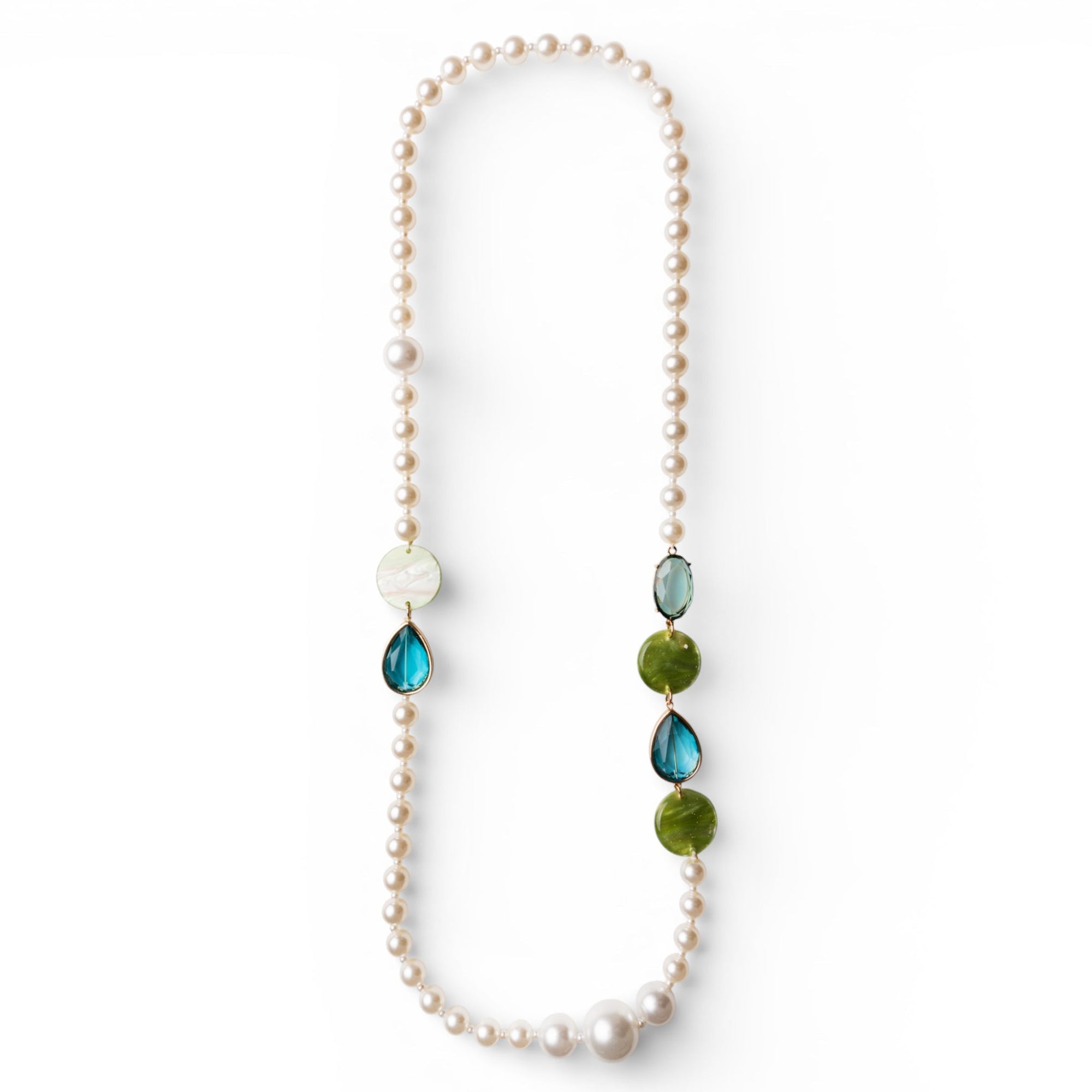 Collana lunga con perle in acrilico ed inserti tono verde e blu - Mya Accessories