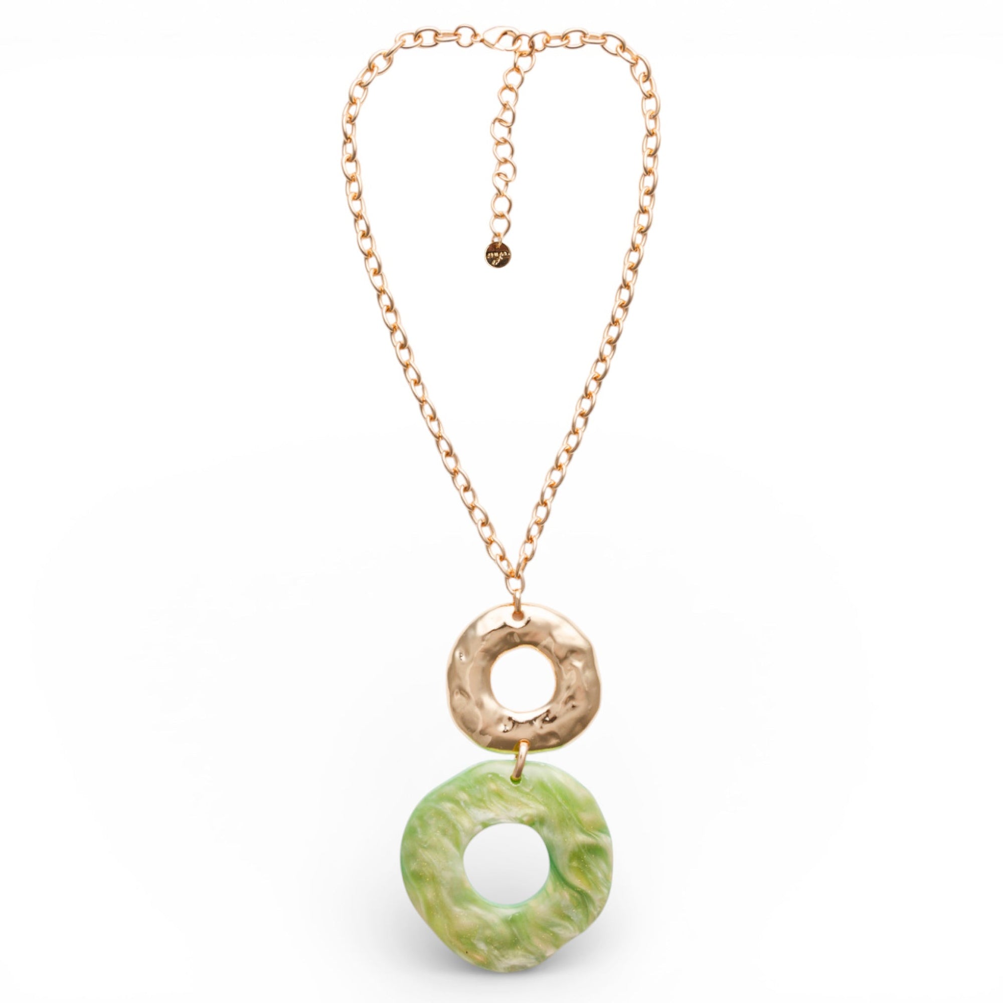 Collana girocollo a catena con doppio pendente in metallo ed acrilico circolare verde - Mya Accessories