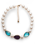 Collana girocollo con perle in acrilico ed inserti in resina a goccia viola e blu - Mya Accessories
